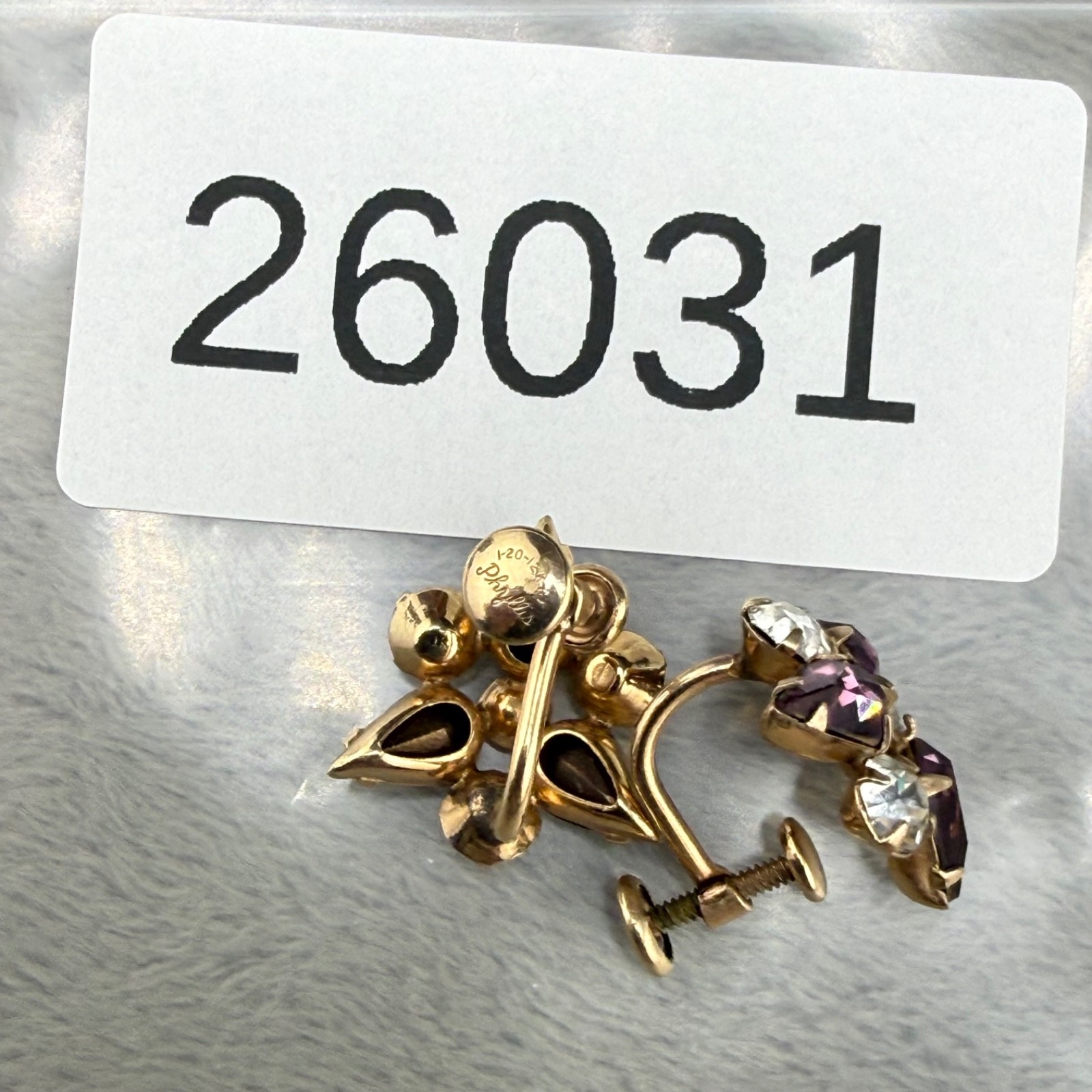Vintage Gold Filled Screw Back Earrings Purple Rhinestone Signed Phyllis