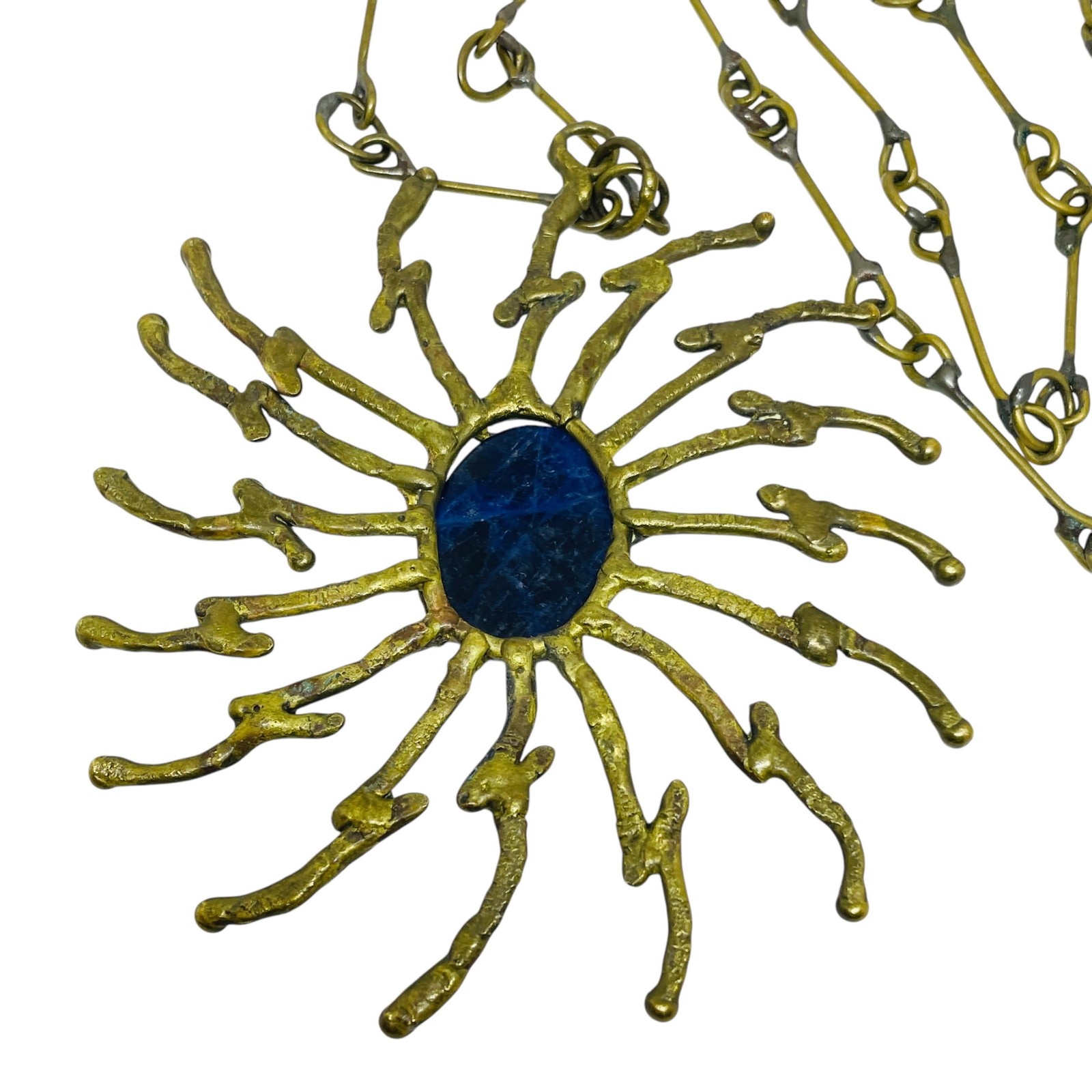 Vintage brass blue stone artisan abstract modernist designer pendant necklace