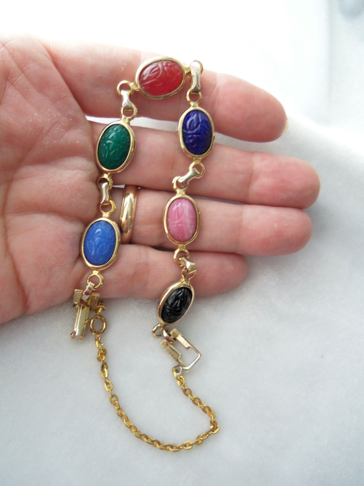 VTG Multicolor Faux Gemstone Scarab Link Gold Tone Bracelet With Safety Chain