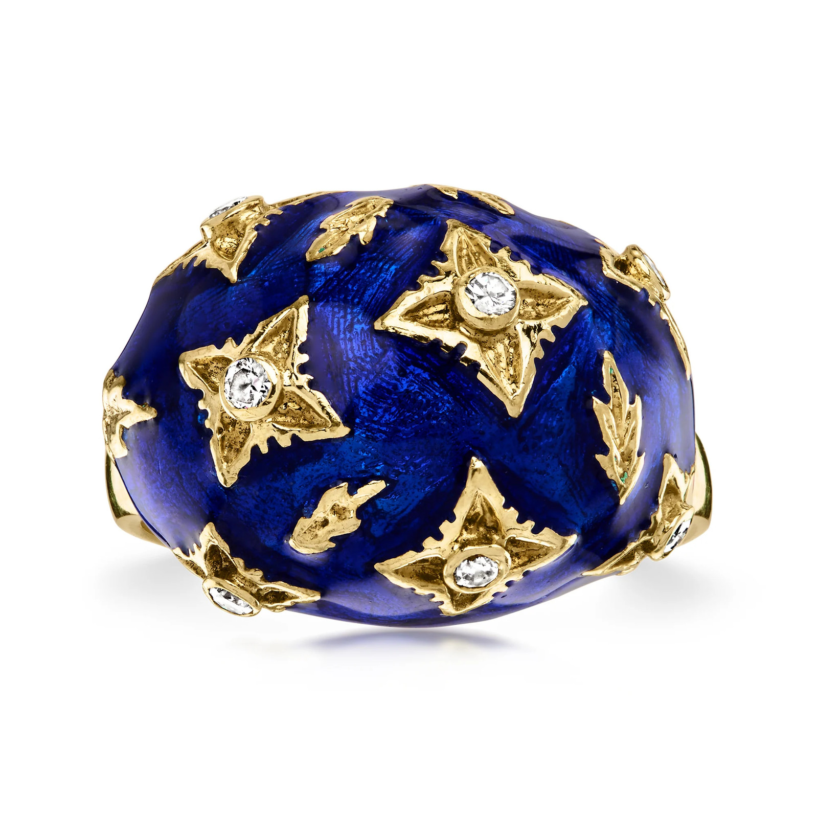 Vint Diamond Dome Rng w Blue Enam in 14k Gold Size 7.5