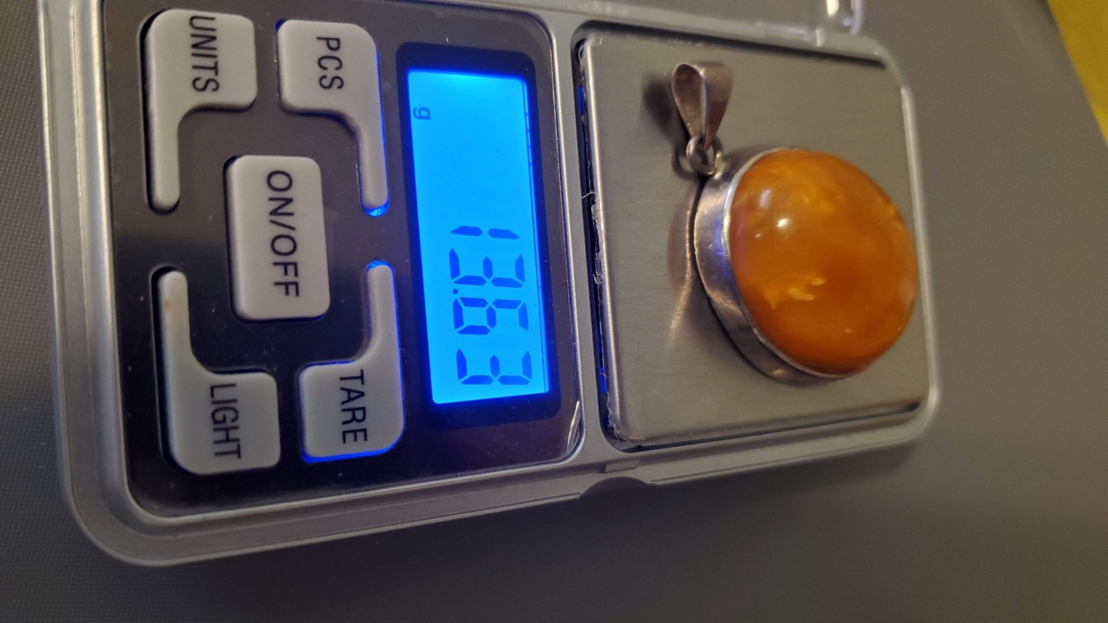 Vintage Lithuania butterscotch amber box and huge sterling pendant set