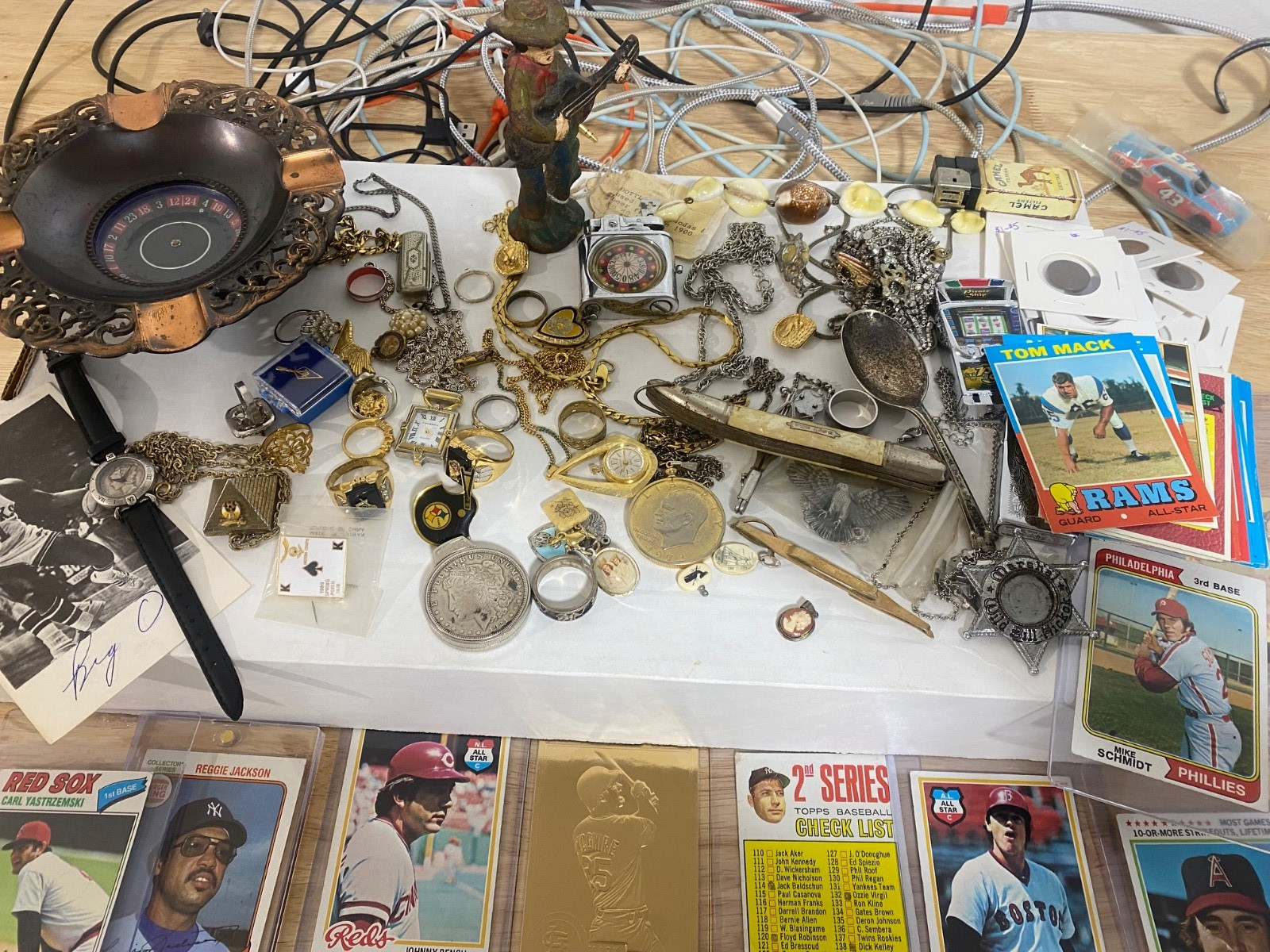 Junk Drawer Lot Jewelry Sterling, Cards, 1921 (2) Morgan’s Dollars, Lighters etc