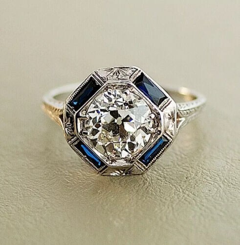2.00Ct Art Deco Style Lab-Created Diamond & Sapphire Engagement Ring 925 Silver