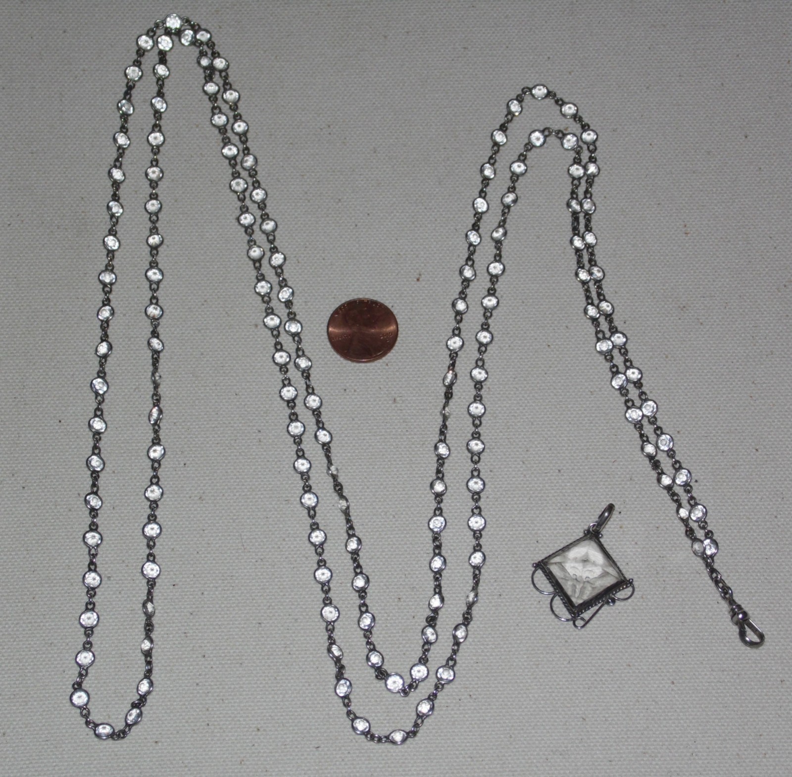 Antique Vintage Sterling Silver open-back faceted Crystal Chain Necklace Fob 63″