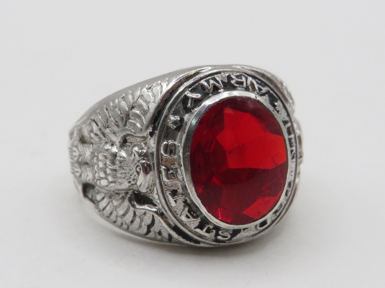 VINTAGE STERLING SILVER CREST CRAFT RED STONE UNITED STATES ARMY RING SIZE 9**