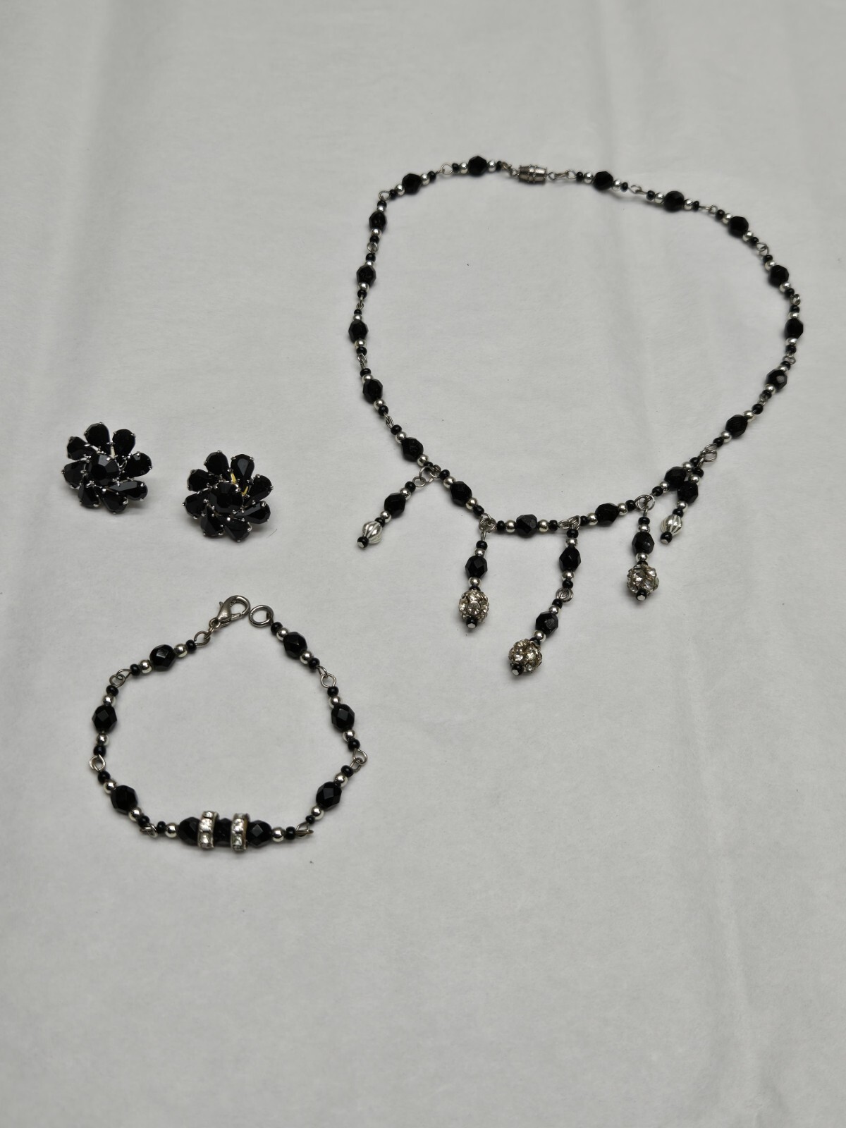 Art Deco Rhinestone Earrings, Necklace & bracelet Set Black Clear