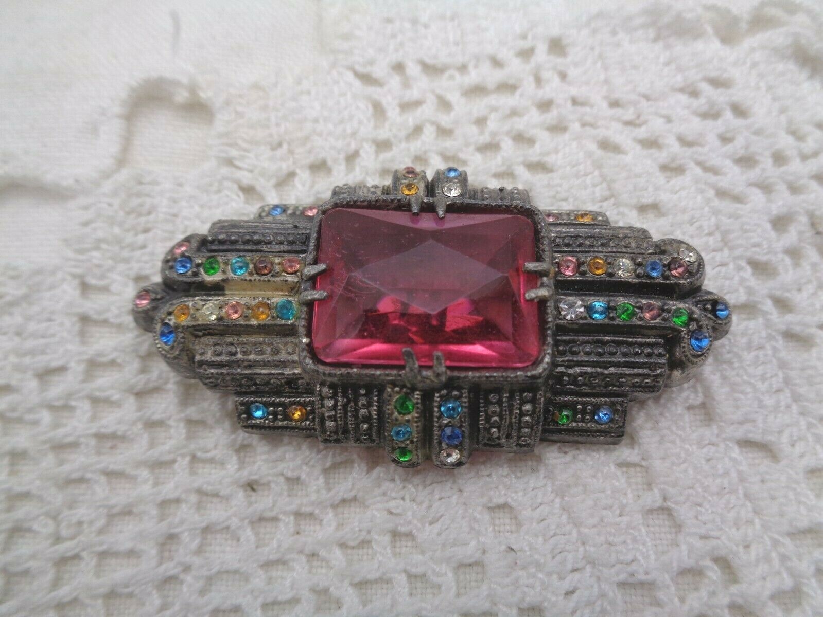 Vintage LITTLE NEMO L/N Art Deco PINK Rhinestone Pot Metal BROOCH
