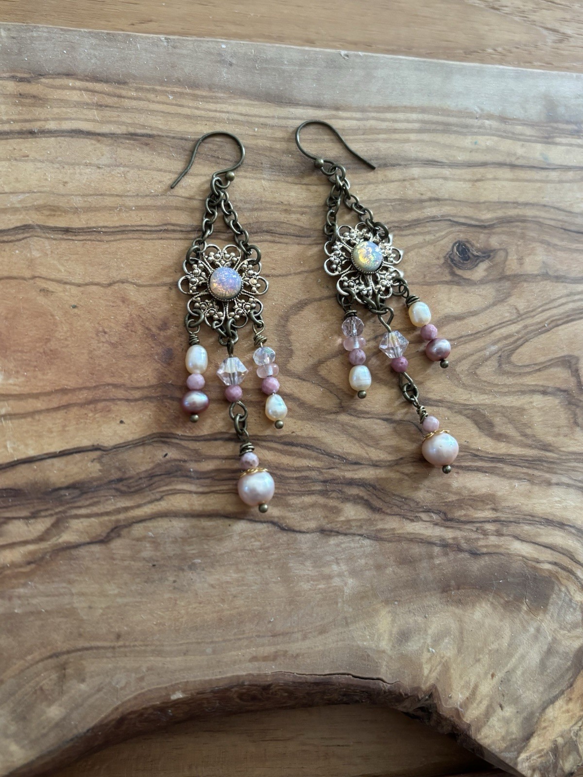 Vintage Boho Earrings Brass-Tone w/Opal-Glass on Alloy Filigree, Pearl+ danglers