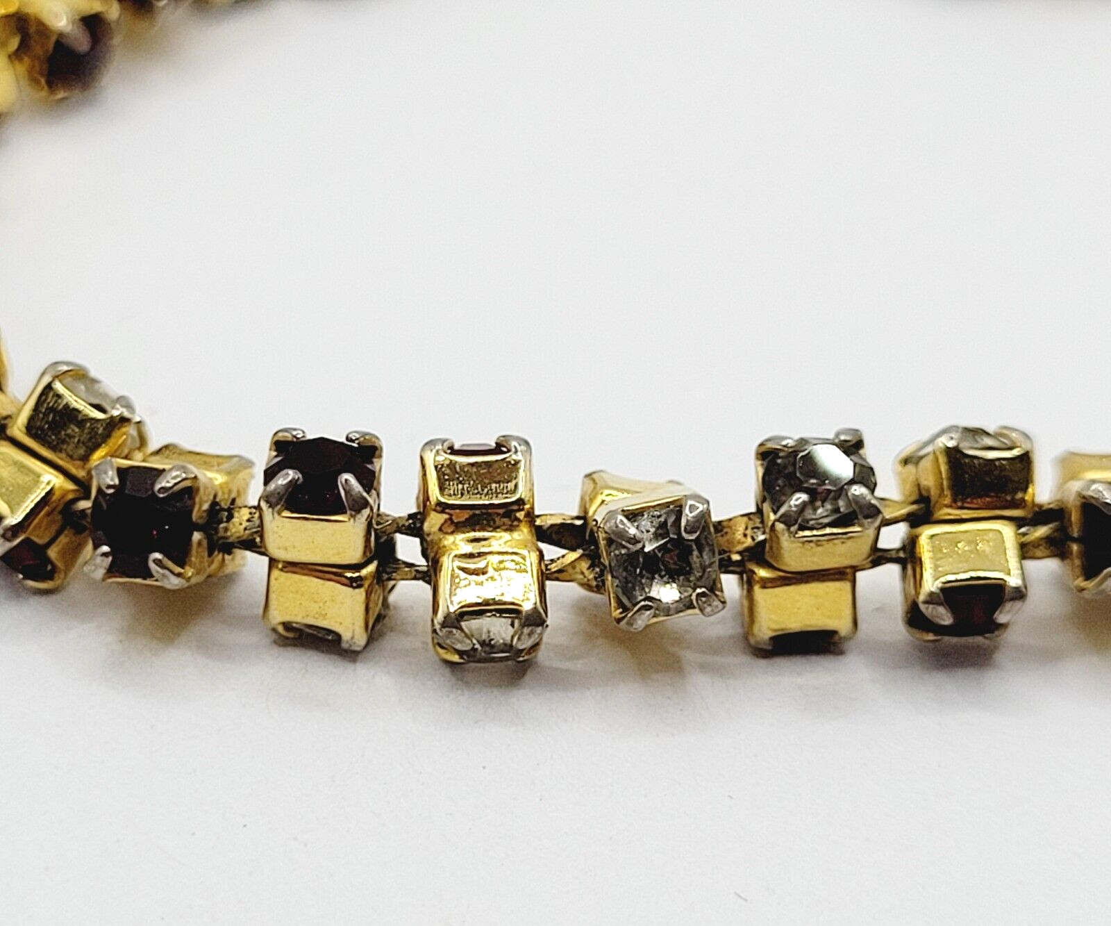 Unique Slightly Brutalist Style Gold Plated Bracelet Red White Rhinestone 7.5 In