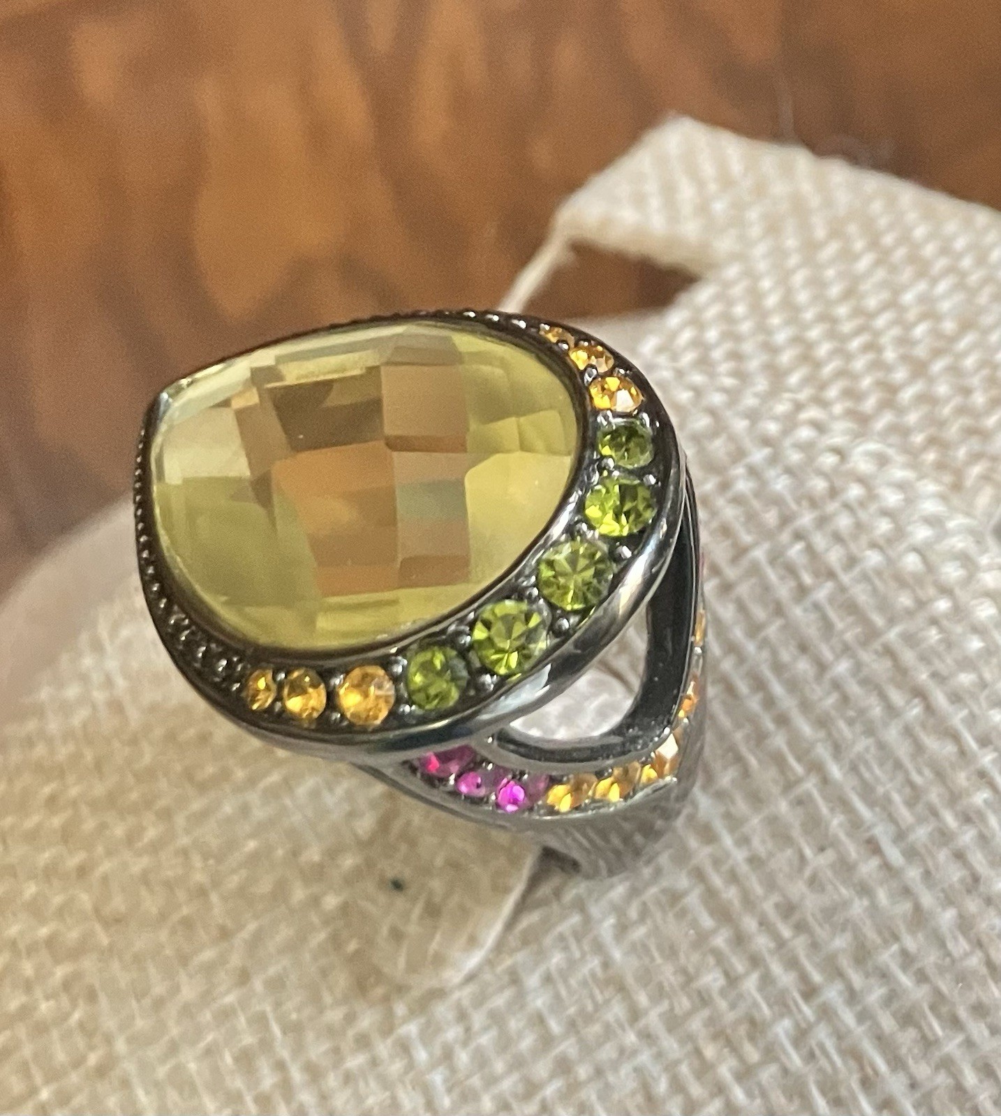 HSN Designer Signed M & CN Multi Gemstone Yellow Teardrop Faceted Cocktail Ring