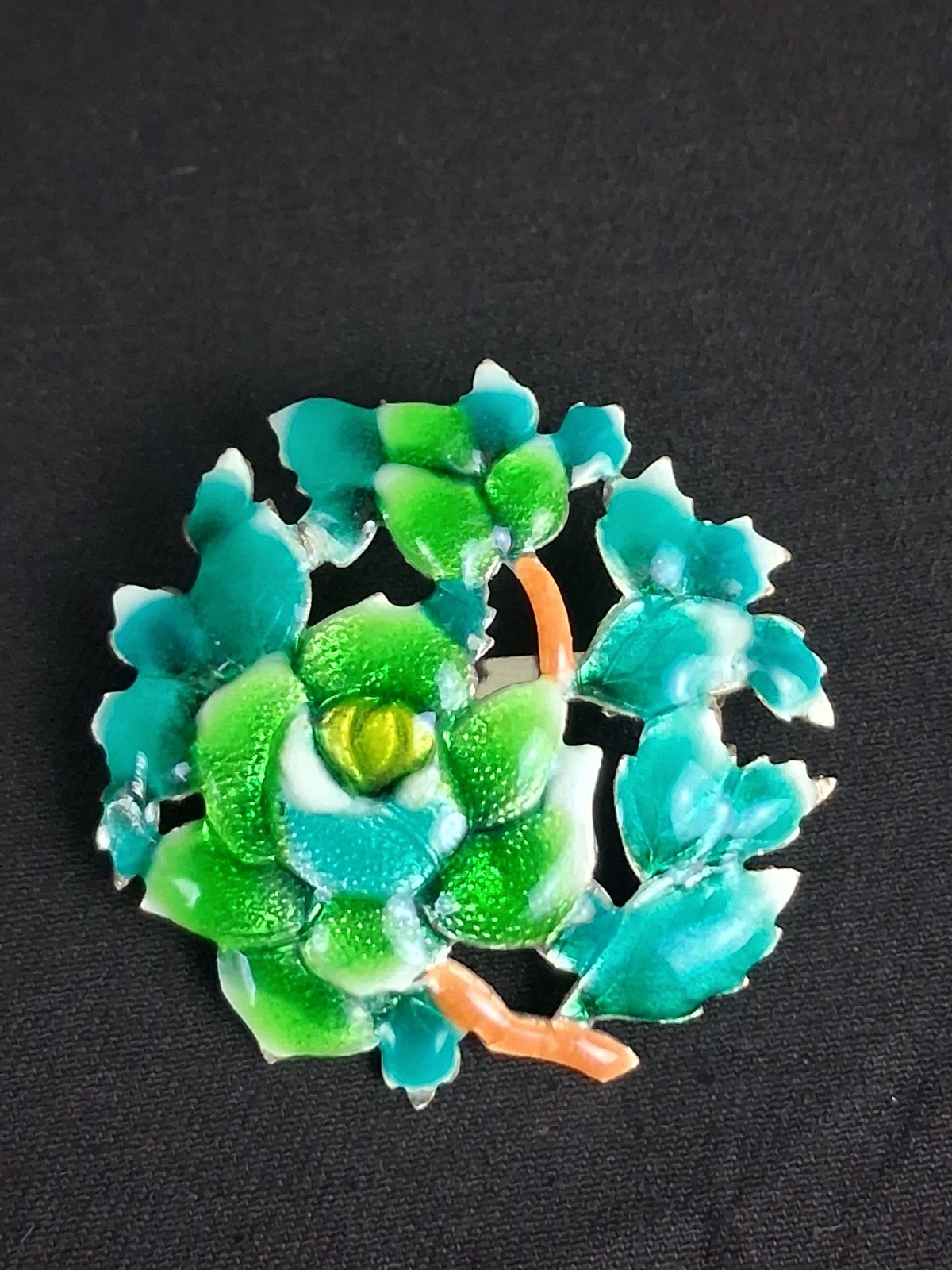 Vintage Silver Cloisonne Rose Brooch Green Blue Enamel Floral Pin