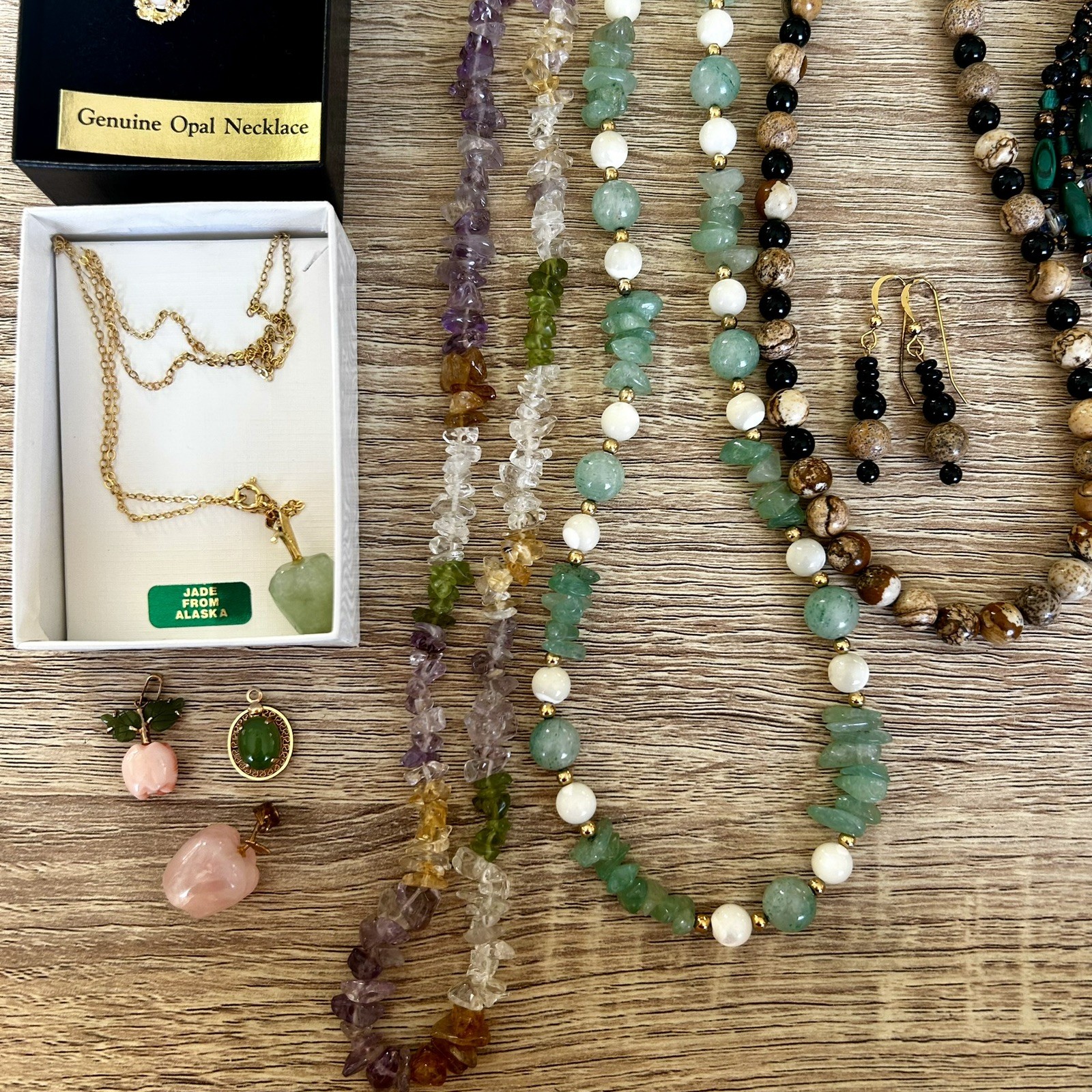 Personal Collection Vintage Crystal Jewelry Lot Opal Jade Malachite Necklaces