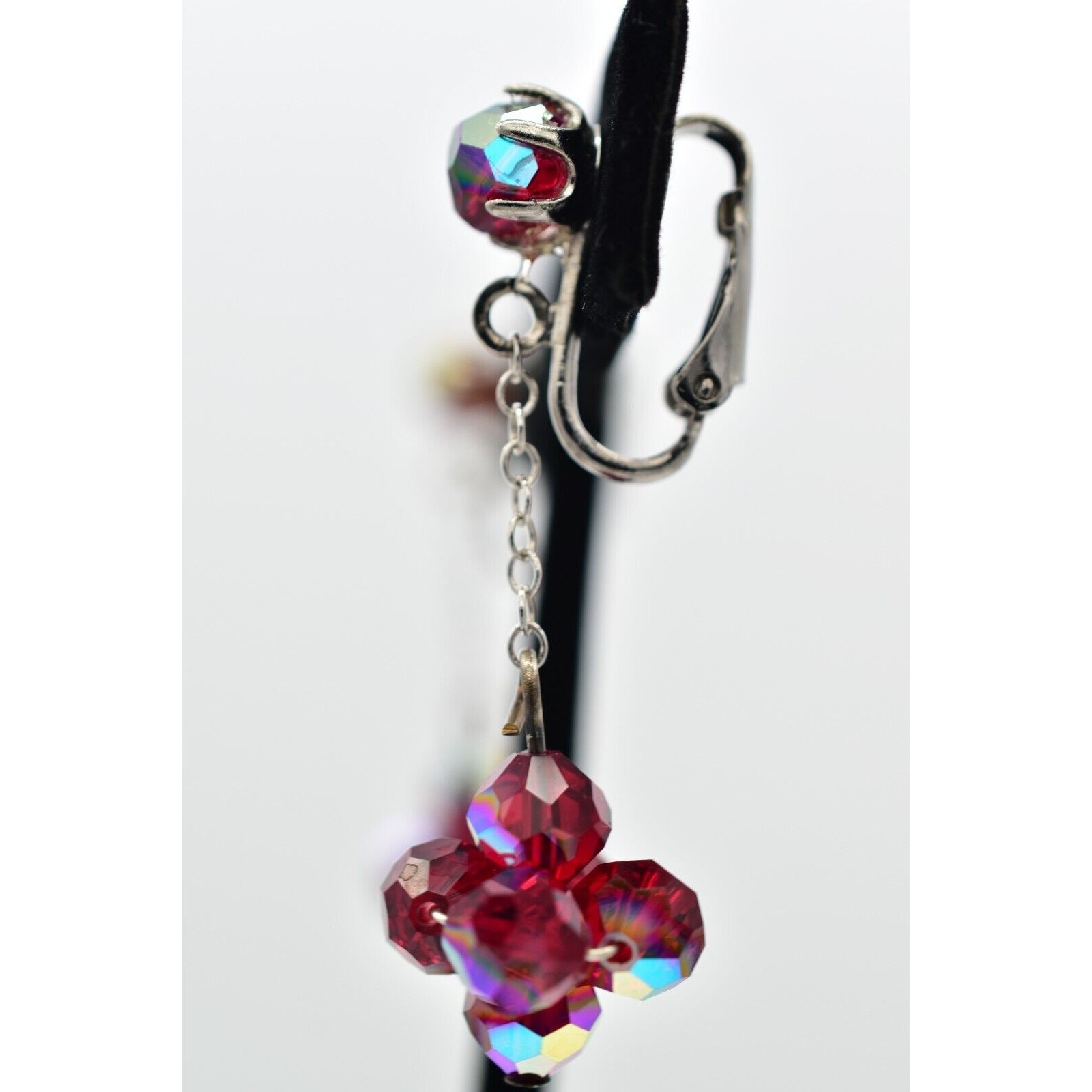 Vintage Red AB Crystal Clip On Earrings Dangle Drop Aurora Borealis 1950s A24