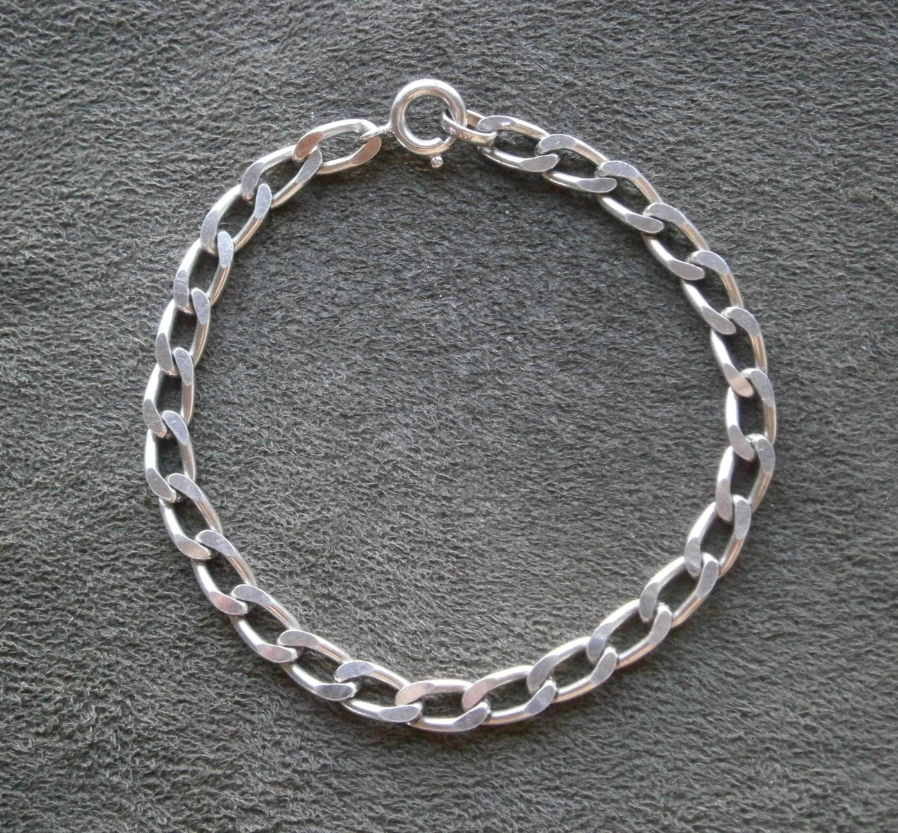 FBM Hammered Flat Elongated Curb Chain Vtg Shiny 835 Silver Bracelet 7.25″ 8.8g