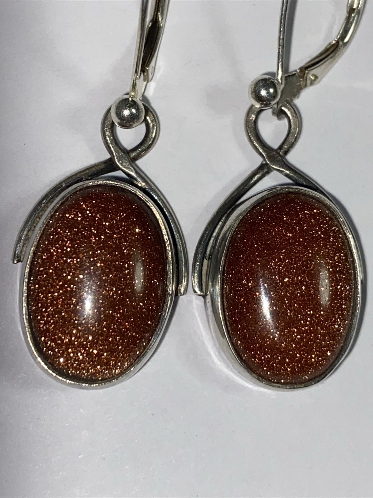 Earrings Pierced Hanging Big Sparkling Goldstones Cabs Sterling Silver LeverBack