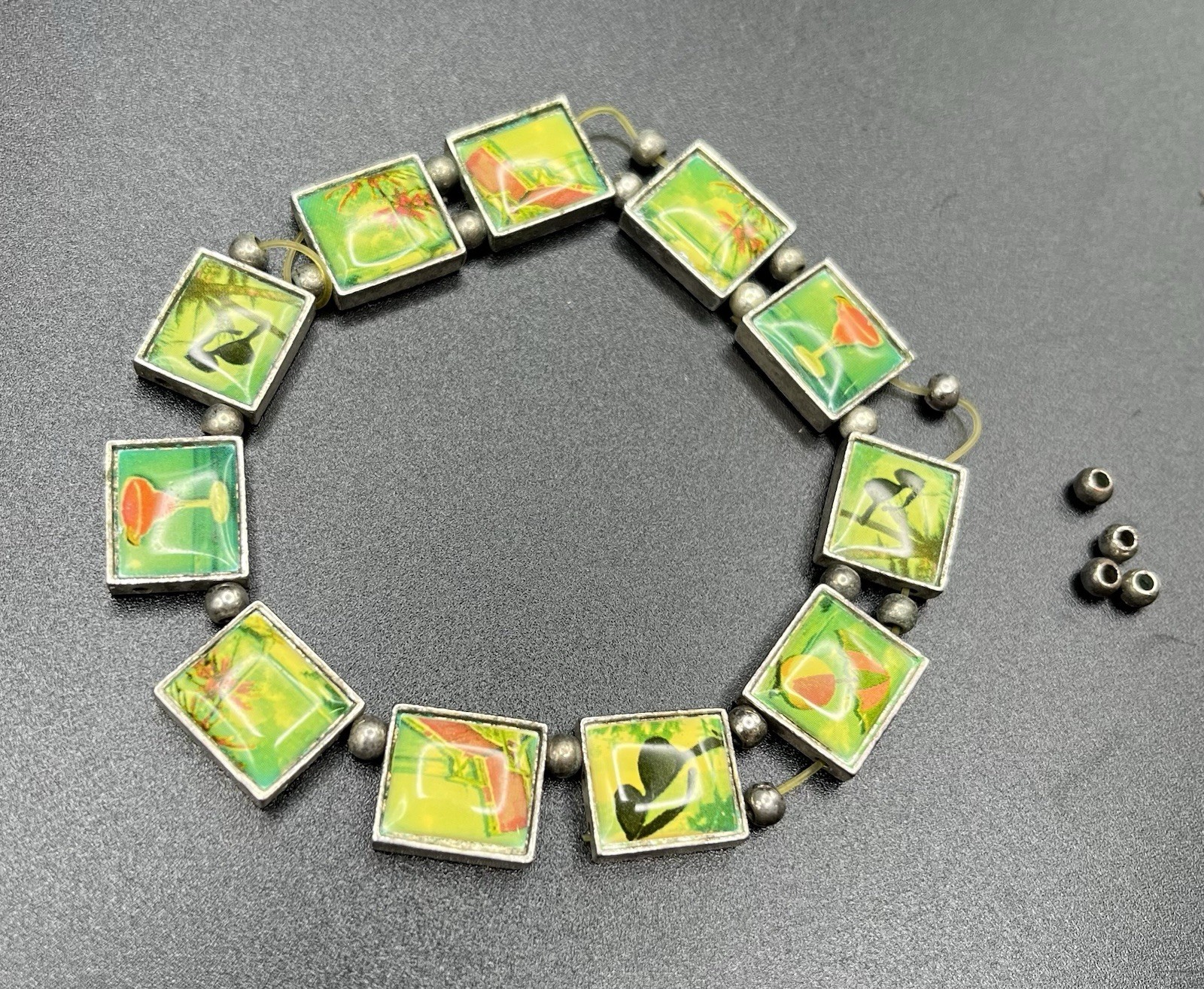 Vintage Resin Art Tile Bracelet Tropical Beach Summer Floral Silver Tone *BROKEN