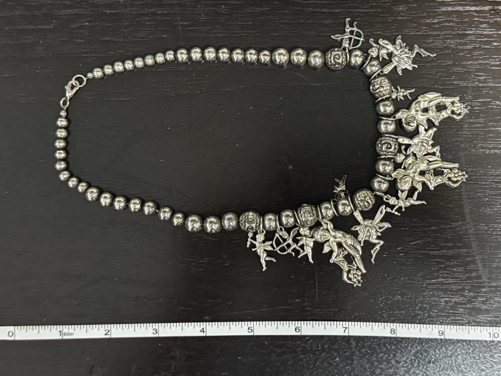 Vintage Silvertone Cherub Angel Charm Statement Necklace Pewter Style Boho