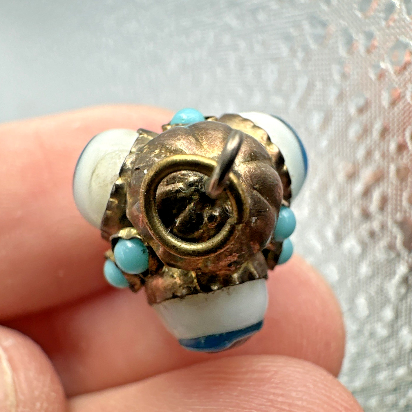 Vtg Victorian? Triple Evil Eye Blown Glass Gilted Brass Pendant Good Luck Amulet