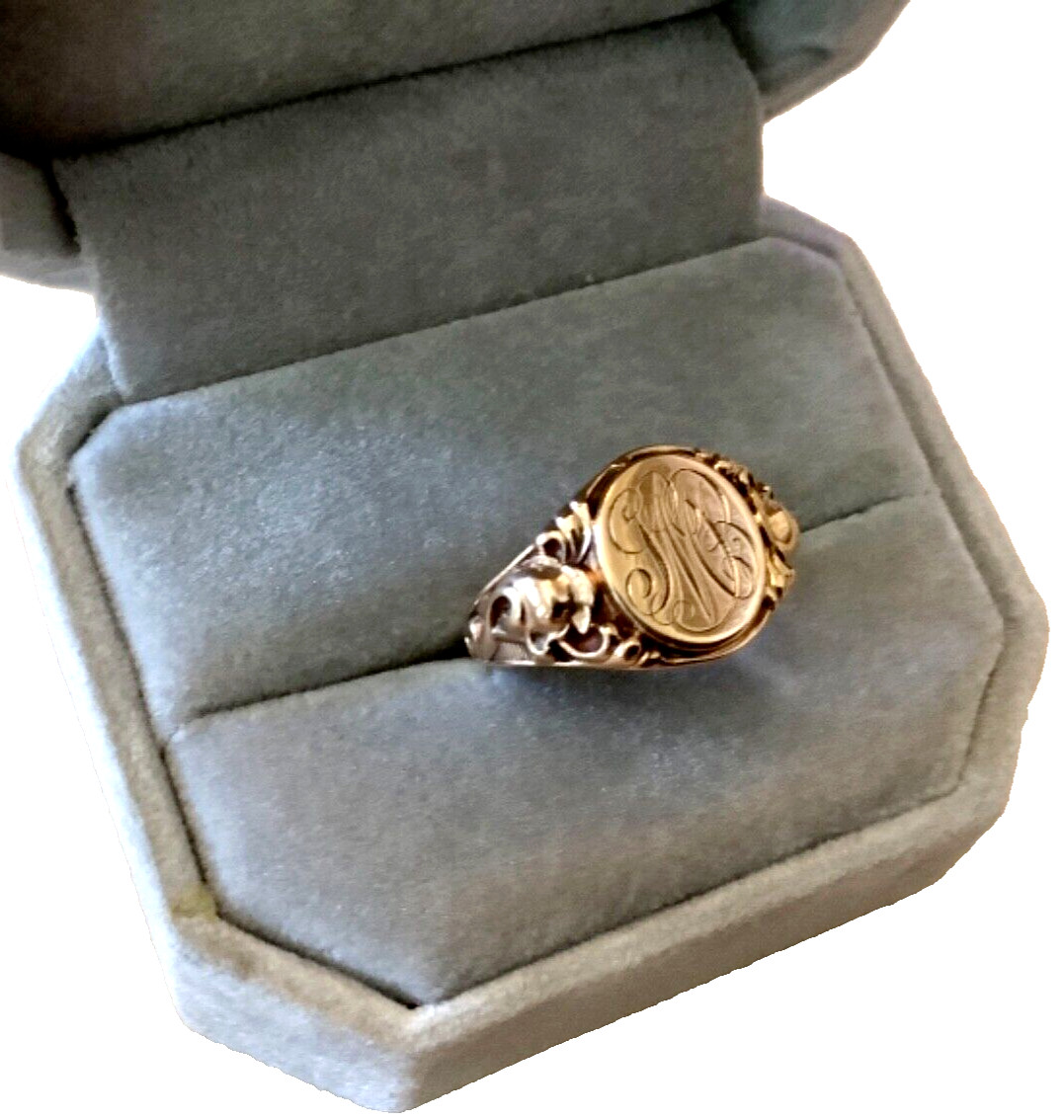 ANTIQUE ART NOUVEAU 14K Yellow Gold Oval Signet Ring Monogram GVB Size 7