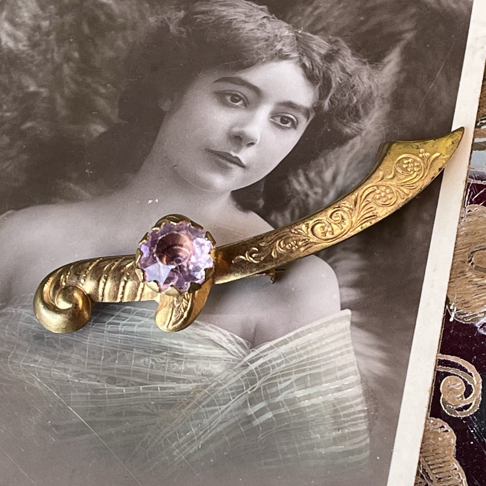 Antique Victorian Crescent Bar Brooch – Gold Plate – Lavender Paste – C-Clasp