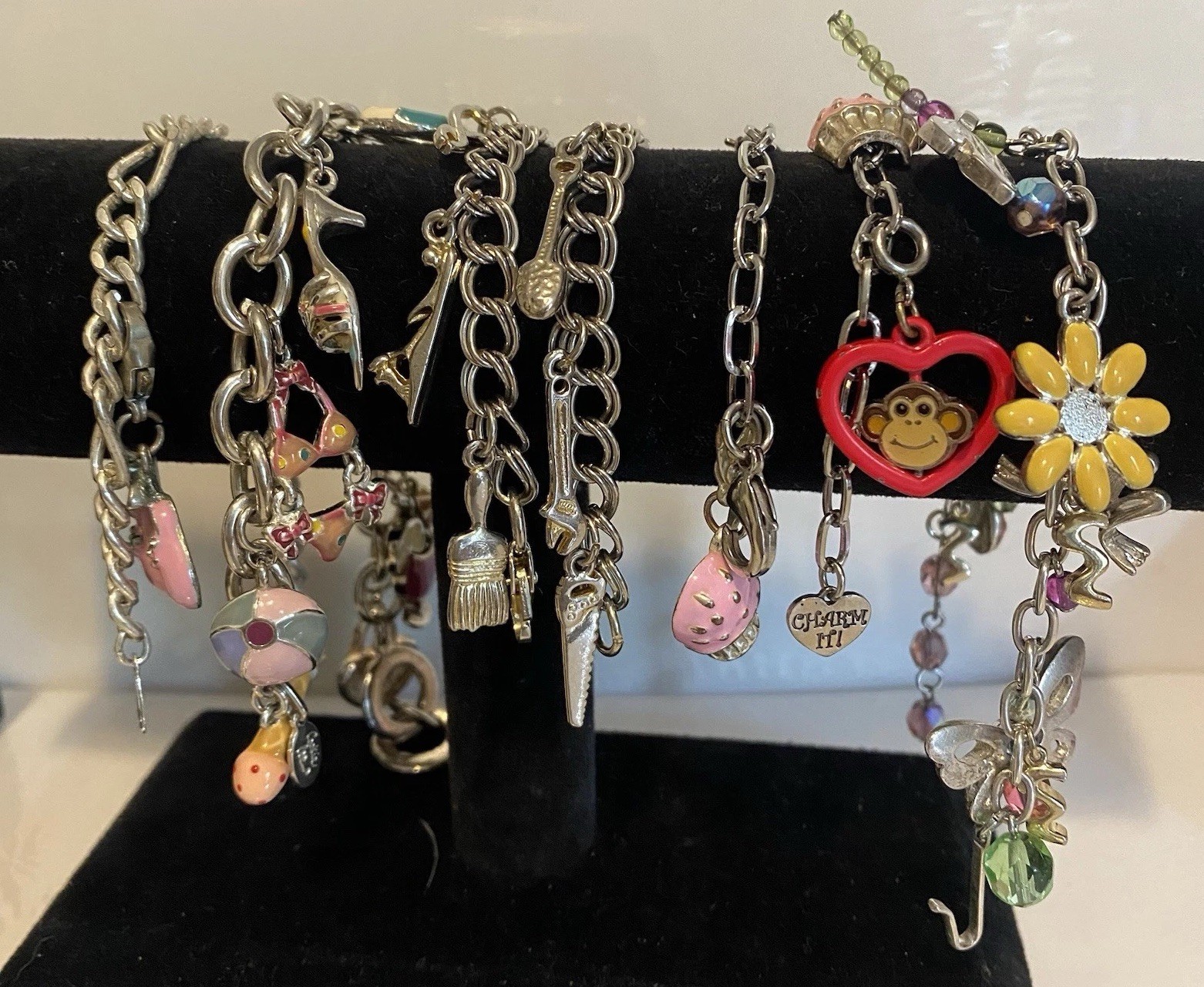 Vintage Charm Bracelets 5pc Layered Collection Silver Tone Chains 100+ grams