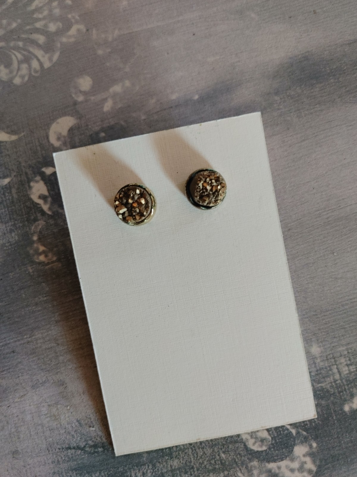 Vintage post earrings 9mm golden pyrite crystal in brass plated copper setting