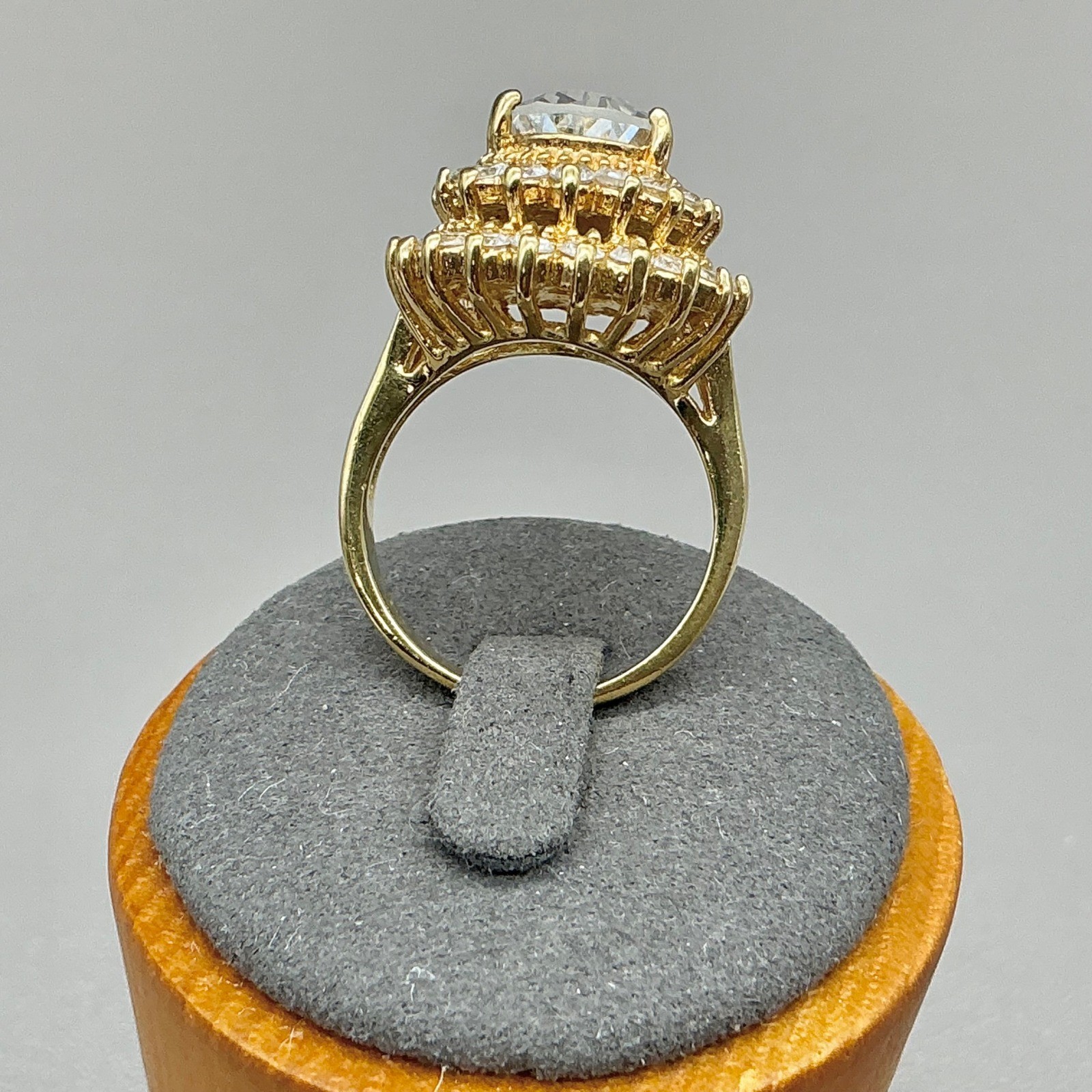 Vintage Lind Ring Womens Gold Plated Pear Cut CZ Triple Halo 14K HGE Size 7.5