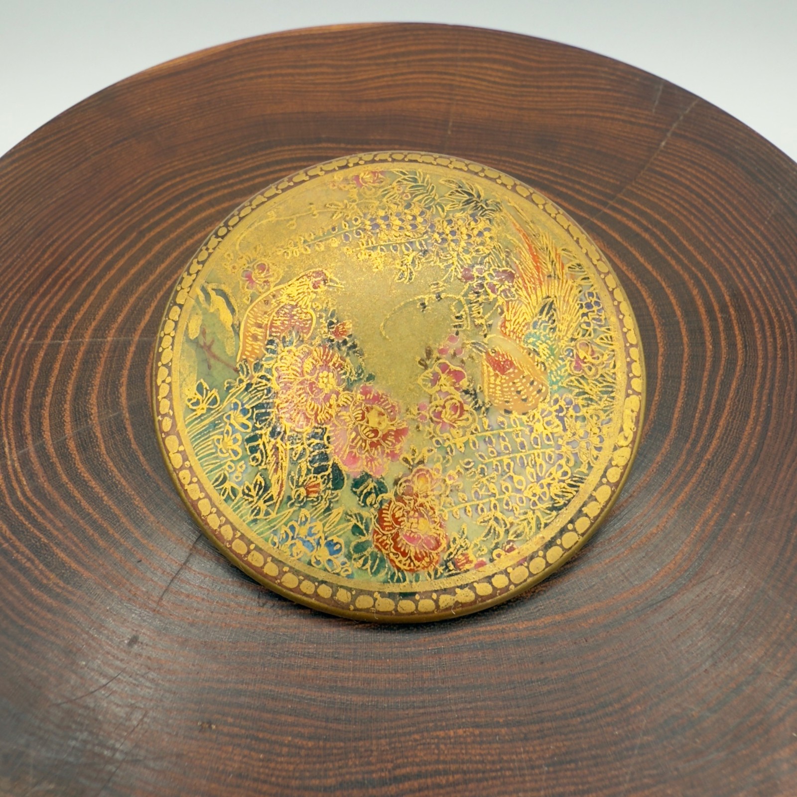Antique Japanese Satsuma Ceramic Porcelain Hand Painted Brooch Pin Birds Flowers