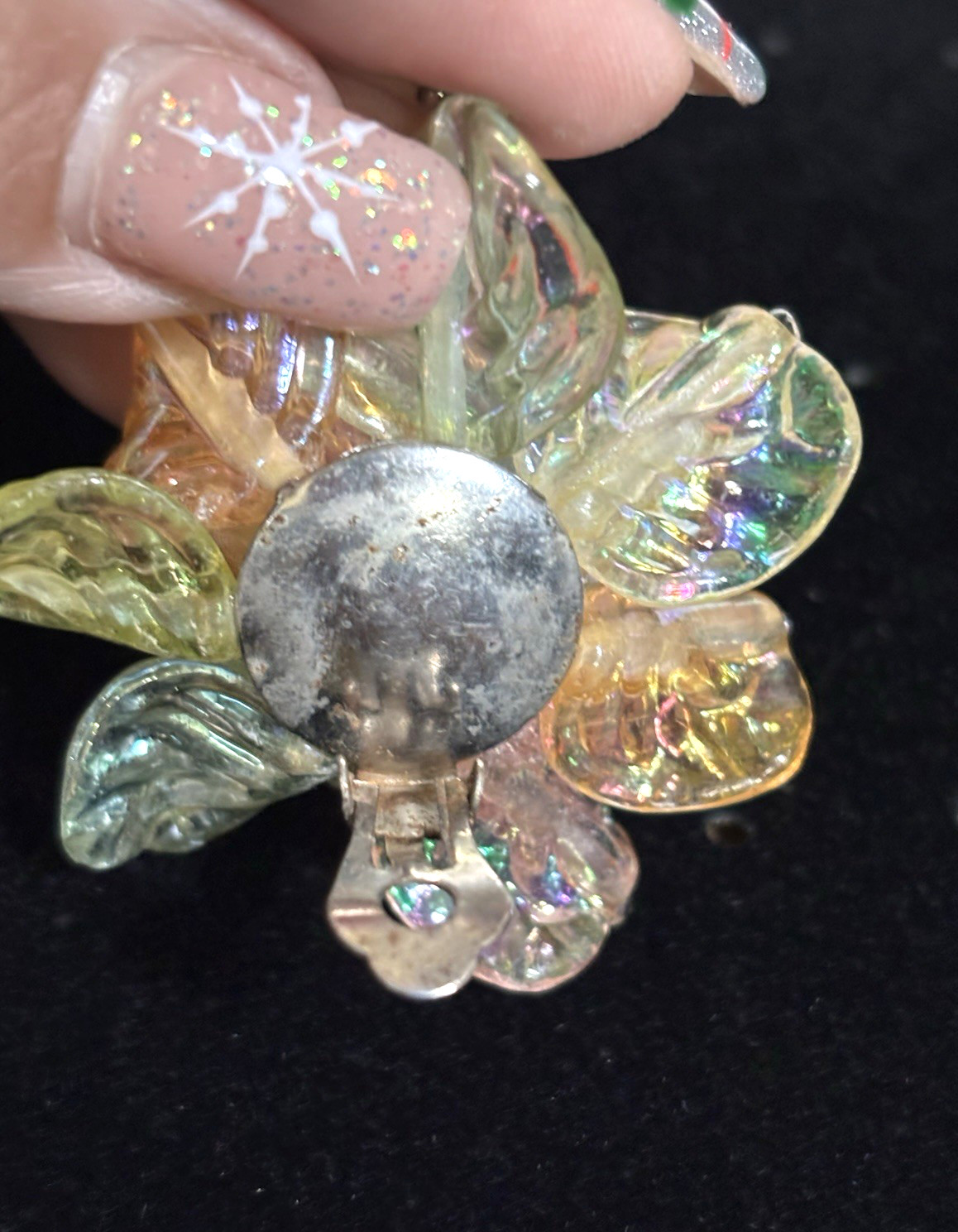 Vtg Acrylic Resin Big Flower Petal Pastel Shiny Statement Clip Earrings 1.75″
