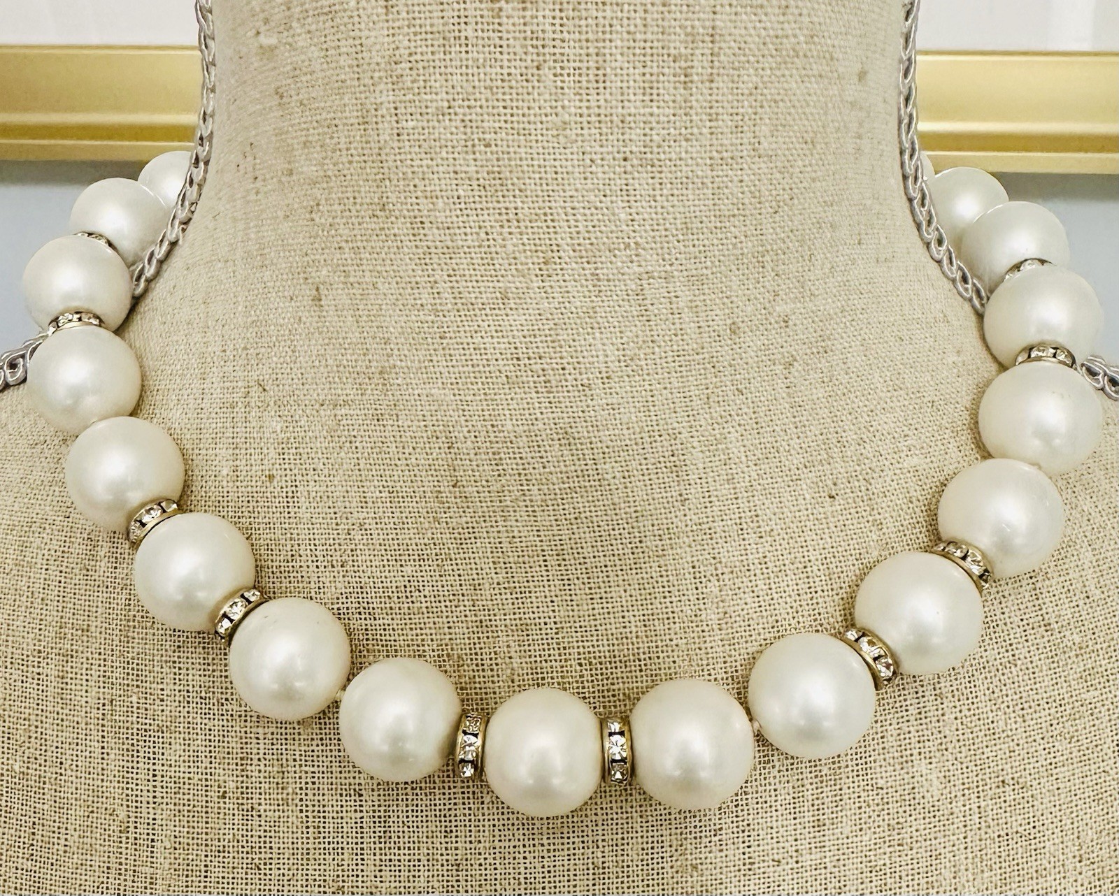 VTG Costume Pearl Necklace W Alternating Gold & Diamond Spacers 18” Jackie O