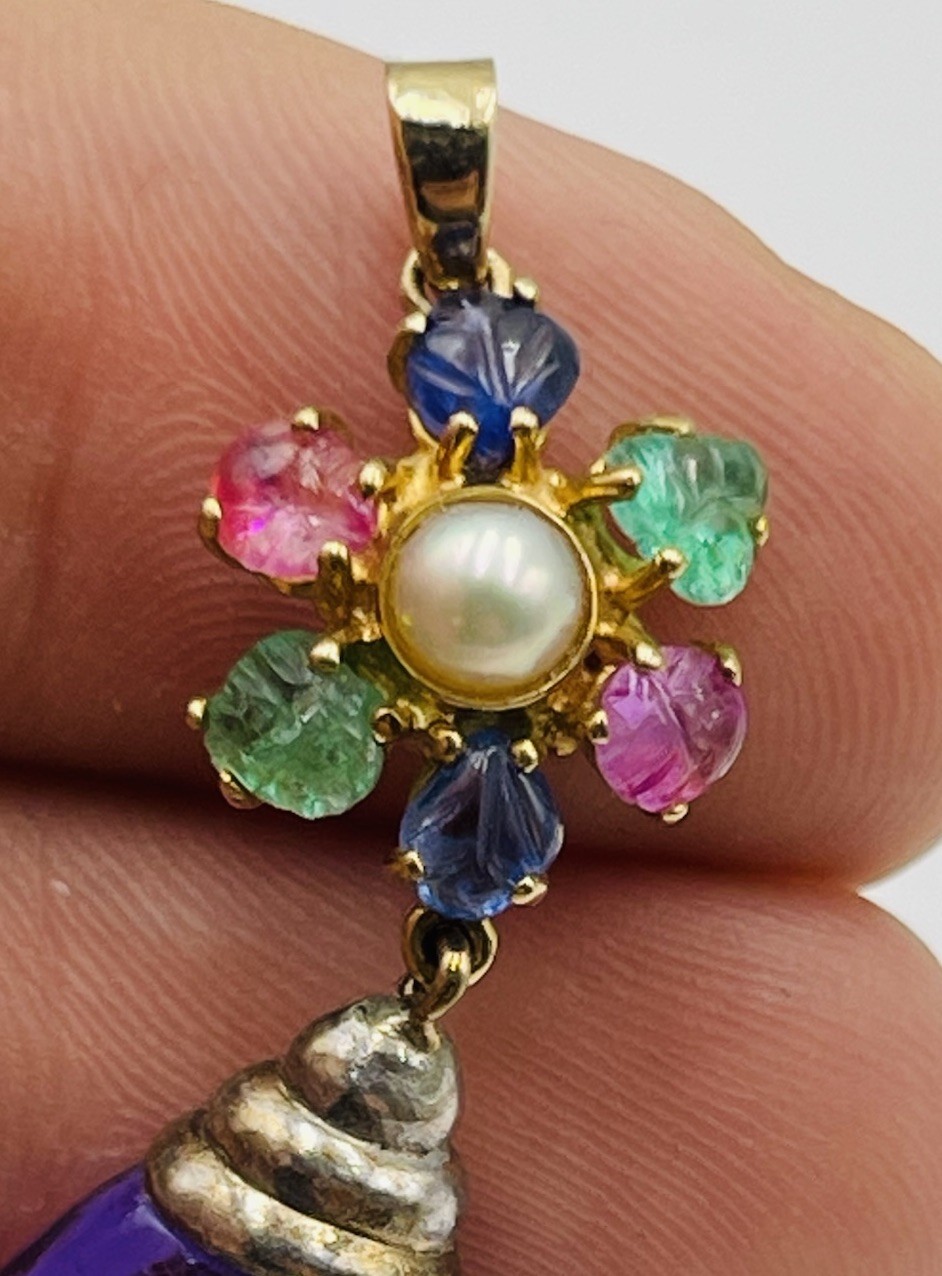 Vintage 18k Gold & Sterling Tutti Frutti Sapphire Emerald Ruby Amethyst Pendant