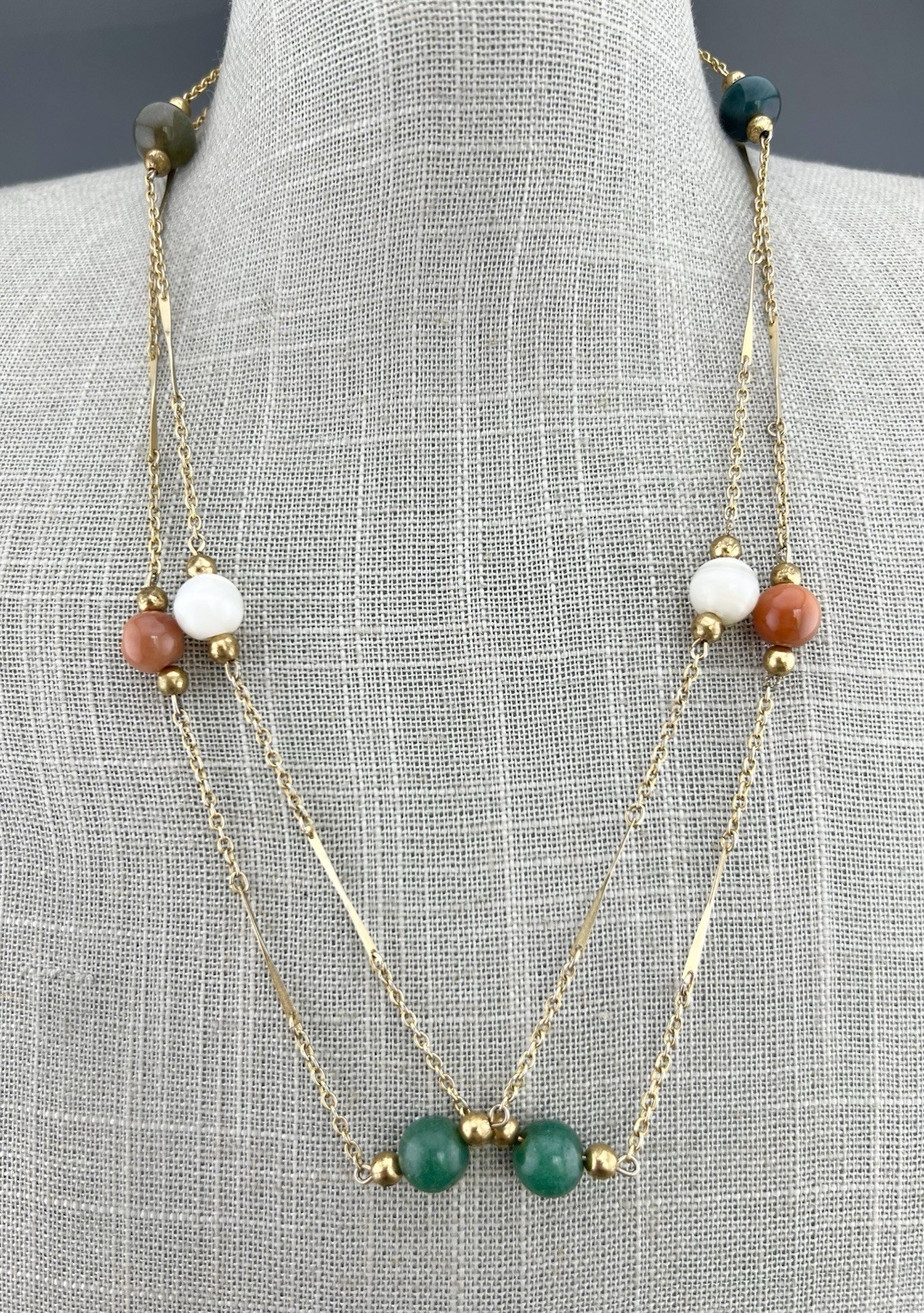 Vintage Jolaine Necklace Gemstone Bar Link Chain Gold Tone Signed Opera 40”