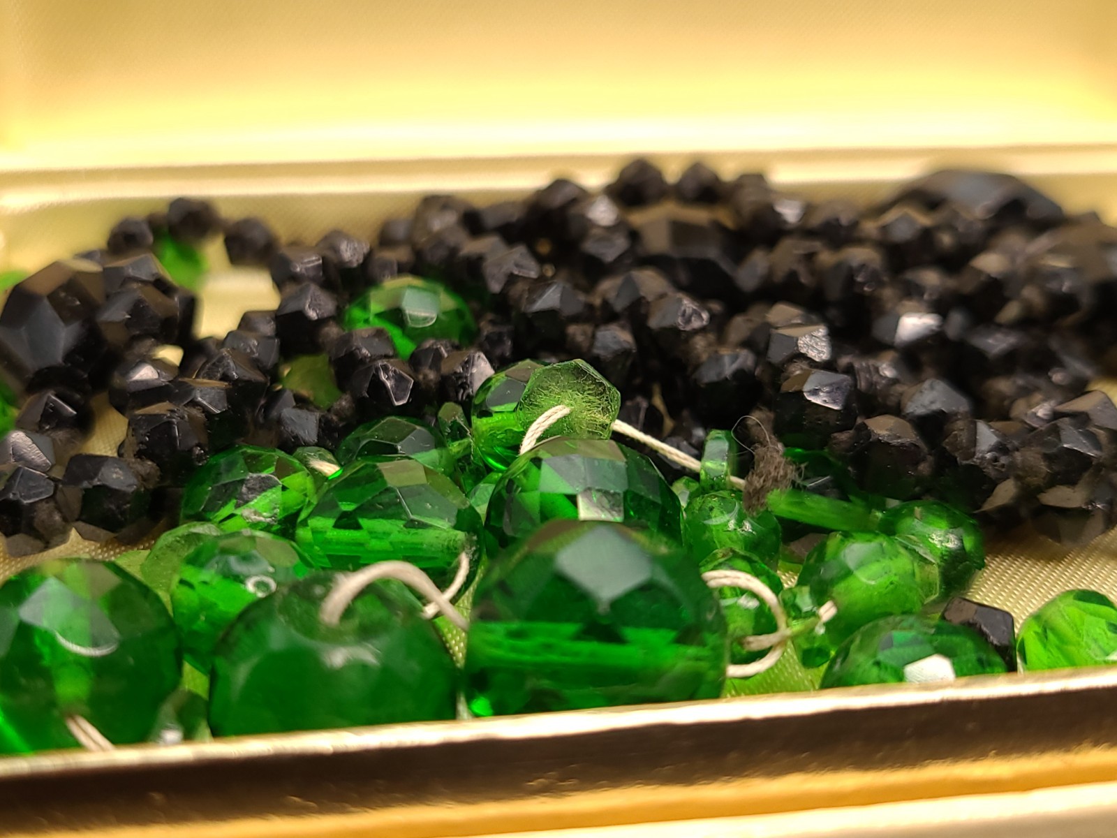 Antique Czech Glass Beads Lot Green Black Hand Cut Faceted w/ Box