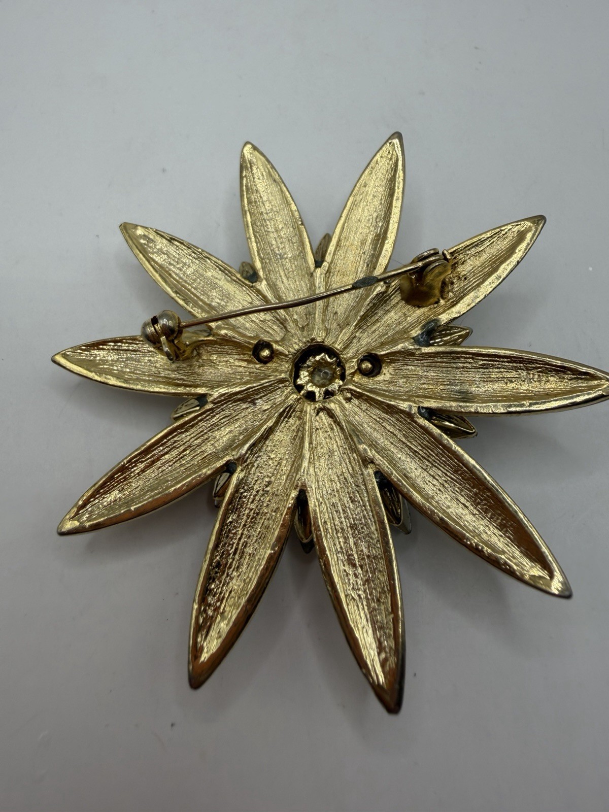 Vintage Olive Green 3-Tier Enamel & Navette Rhinestone Flower Brooch