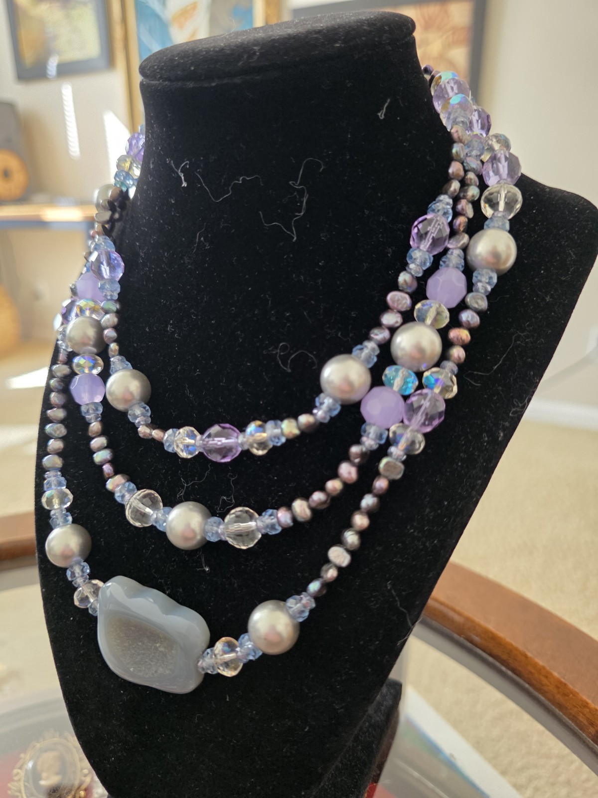 Vintage Tripple strand Purple Stone Pearl Glass Bead Necklace