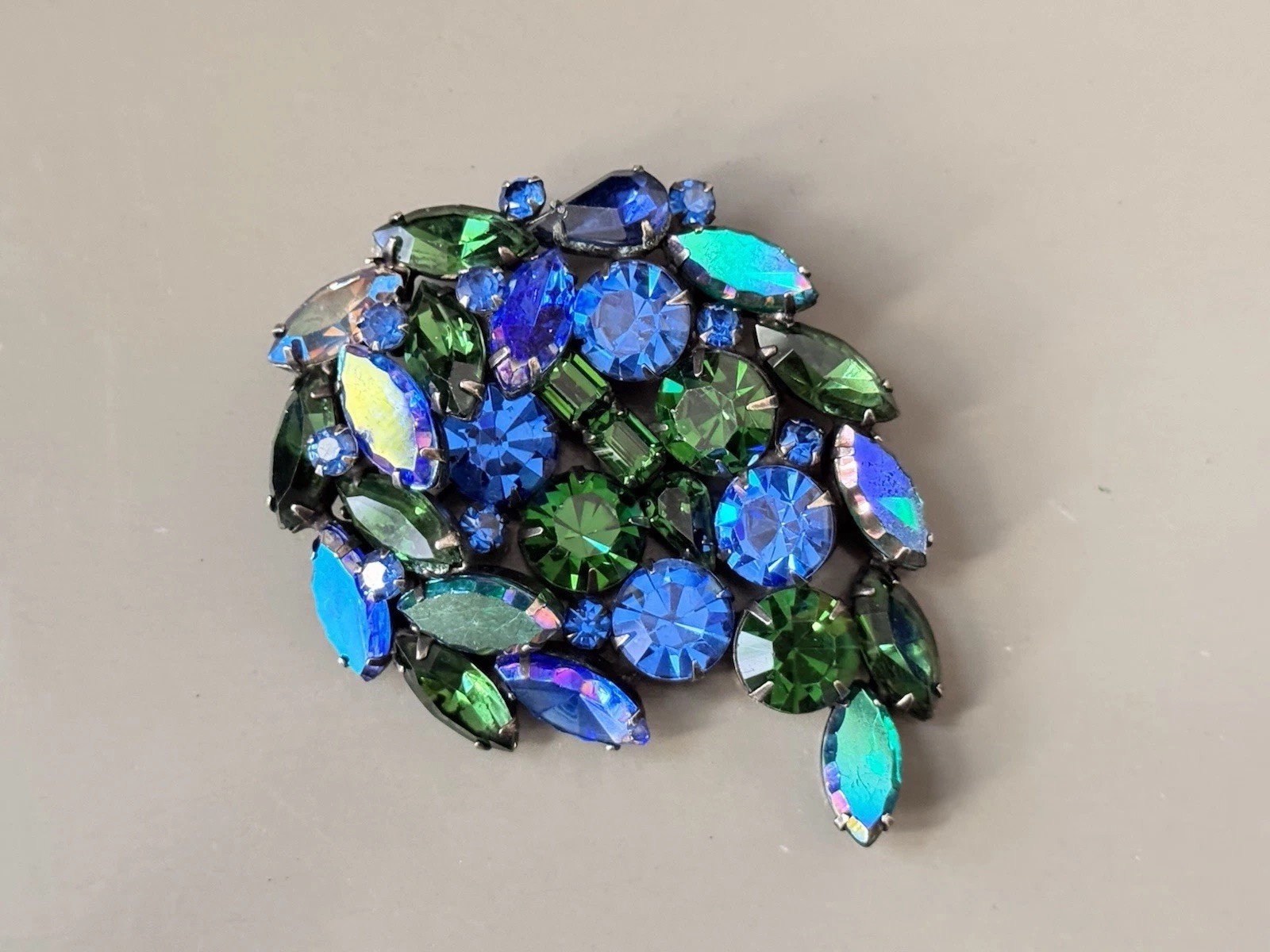 Vintage Signed KRAMER Blue & Green Spray Brooch & Earring Set, Gunmetal Set