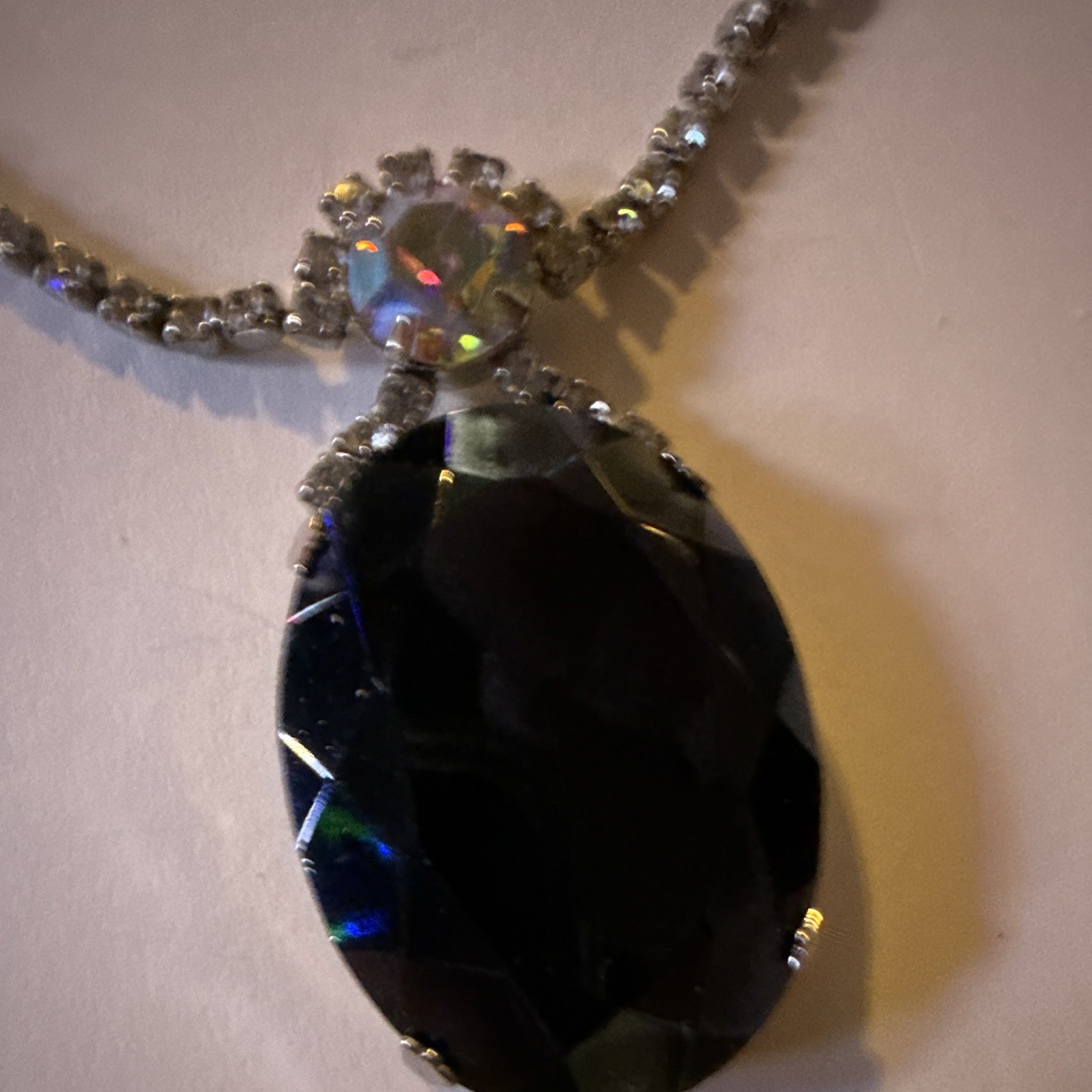 Vintage Mystic Crystal Large Oval Statement Pendant Necklace Missing Clasp