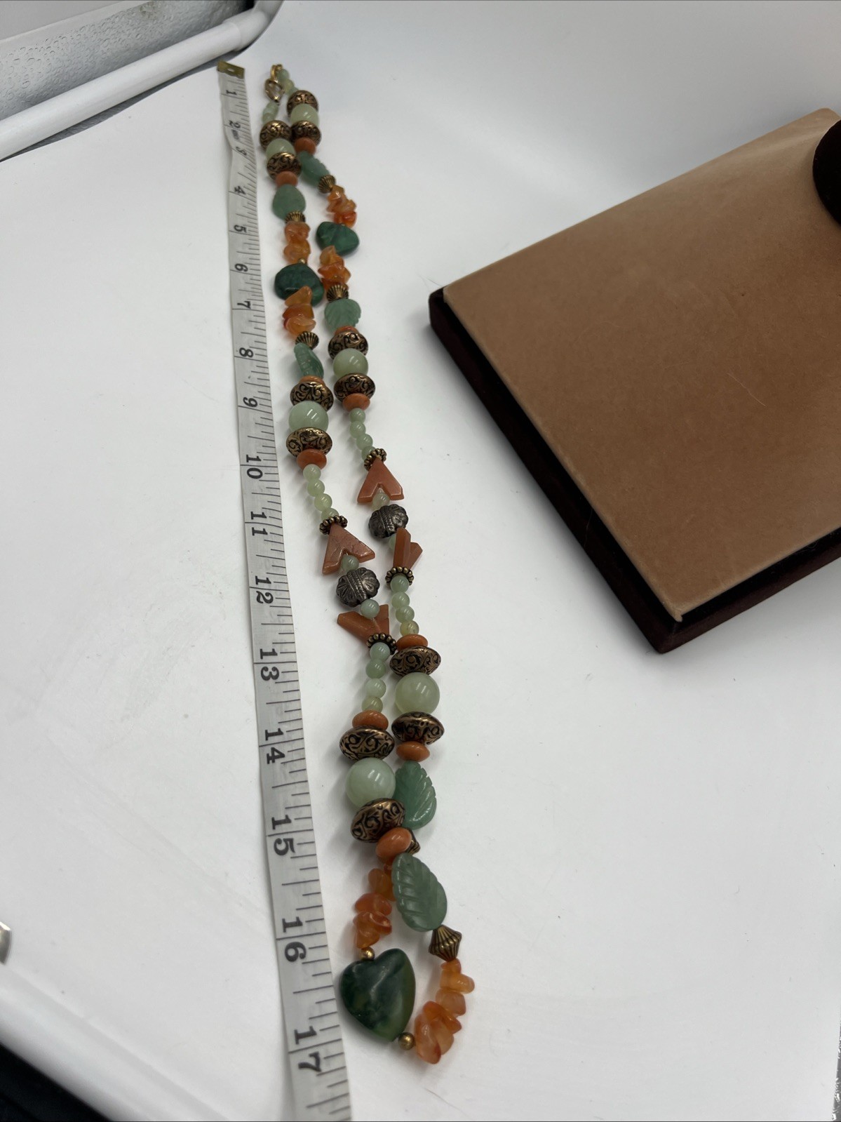 Vintage Leonard Craig Designer Necklace Real Stone Green Leaves Heart Longline