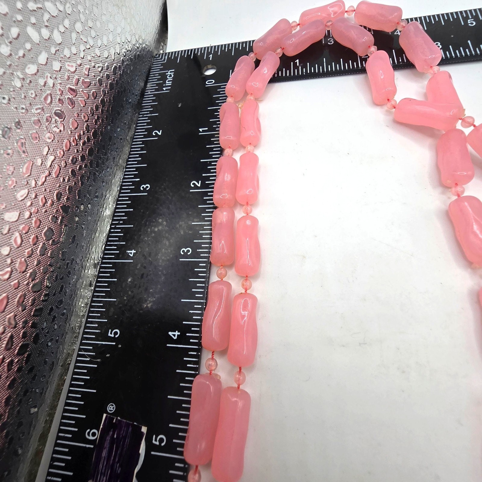 Necklace Vintage Pink Plastic Bead Glows Under Blue Light Flapper 48″ SKU2382