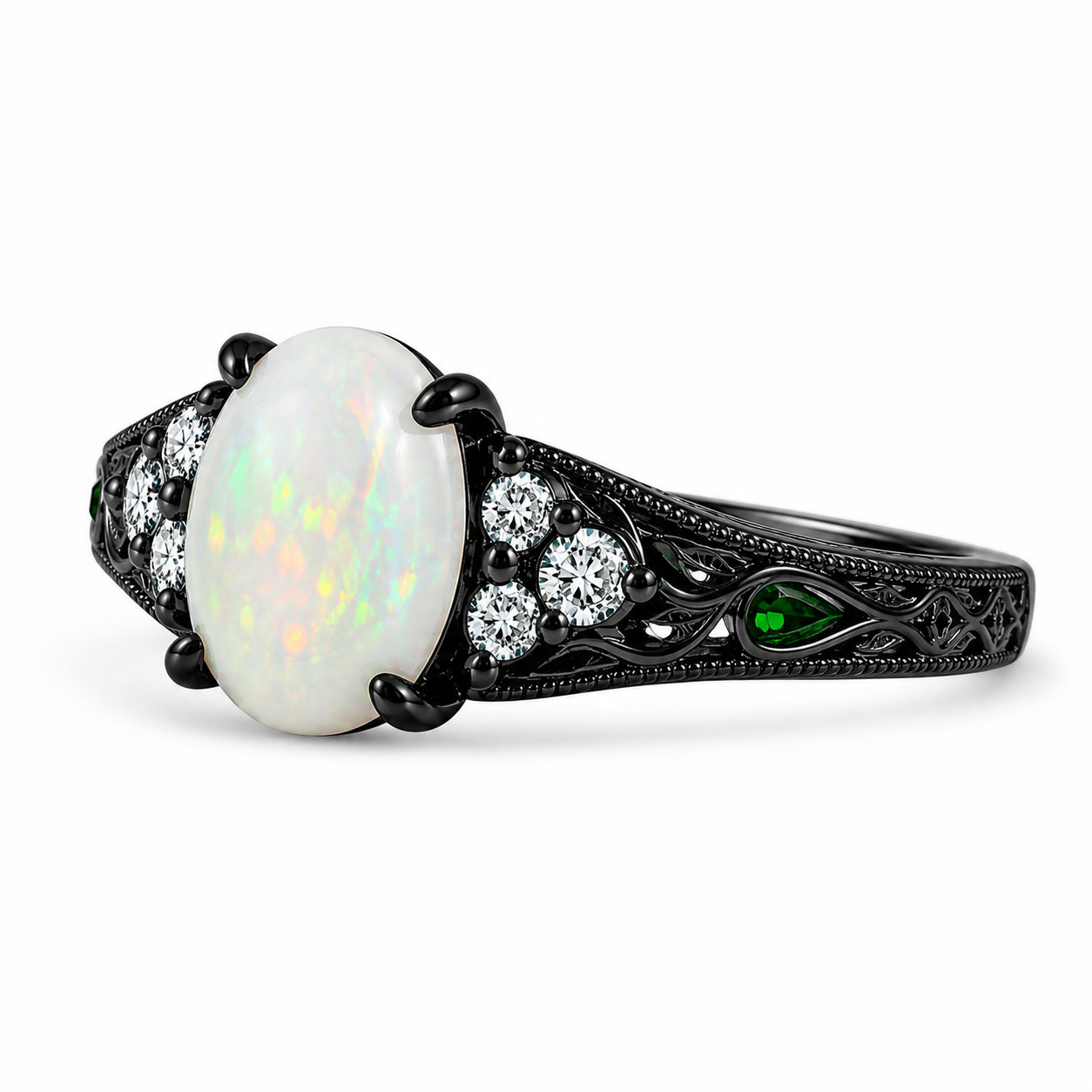 Vintage Ethiopian Opal Ring 925 Sterling Silver Black Rhodium Engraved Band