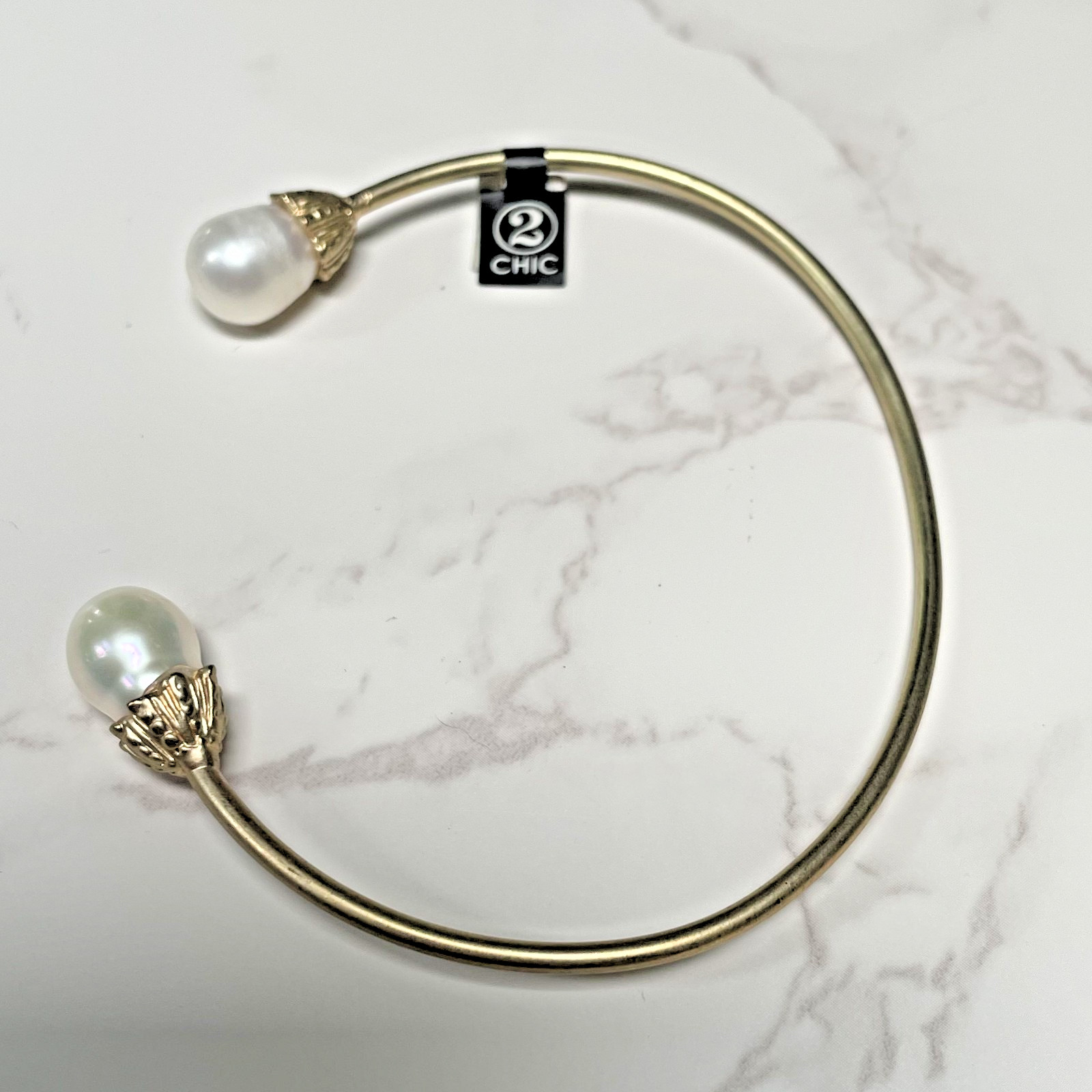 2 Chic Gold Tone Cuff Bracelet 2 Headed with Genuine Pearls NEW