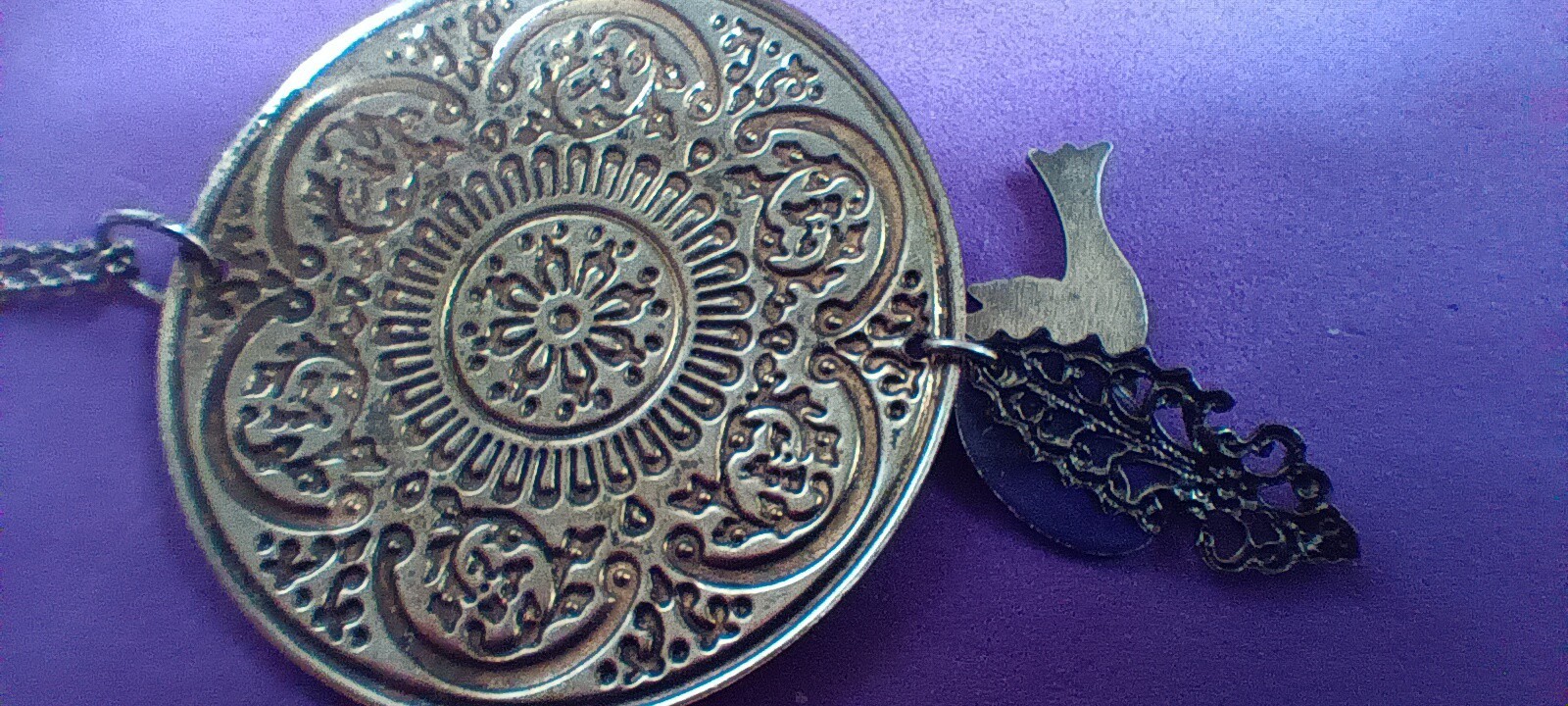 Hummingbird Necklace Purple Silvertone Repousse Pendant Ornate Design Filigree