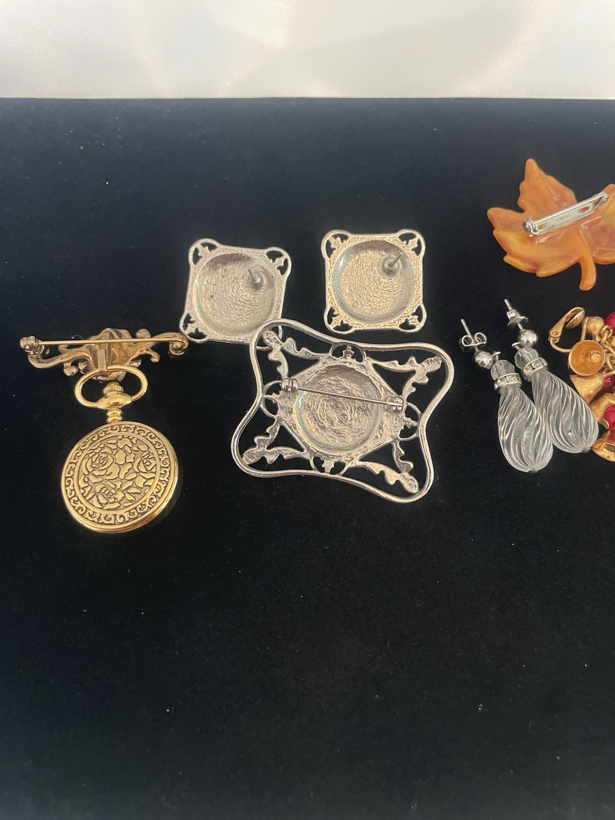 VTG Jewelry Lot AVON Maple Leaf Brooch Bell Earrings 2000 Watch Bar Brooch +MORE