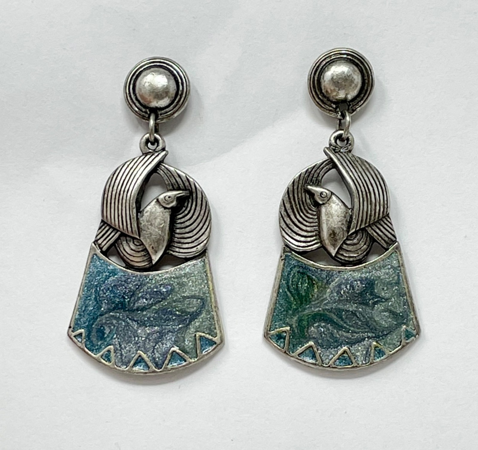 Vintage Edgar Berebi Blue Enamel Bird Dove Silver Tone Dangle Pierced Earrings