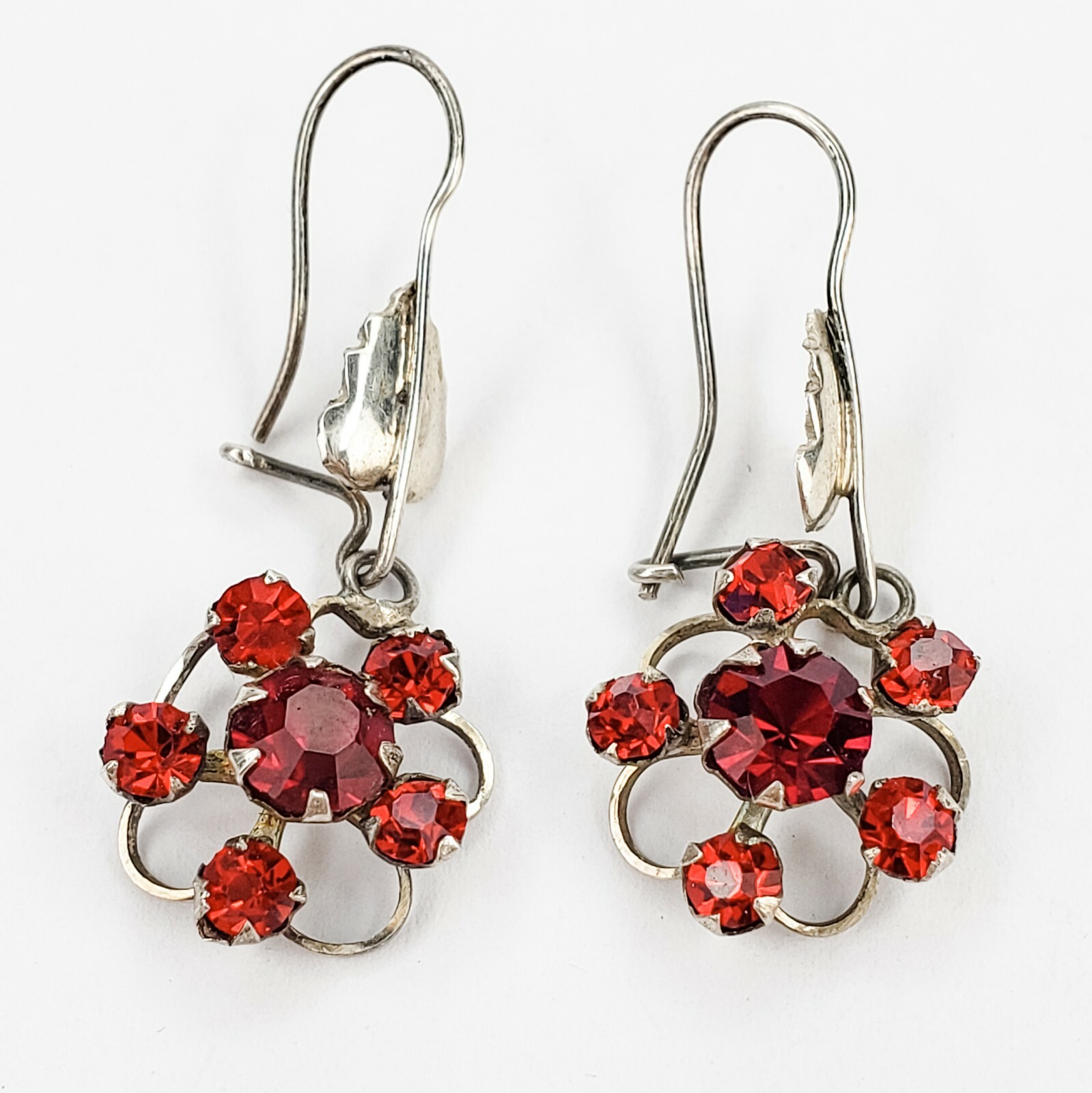 Vintage Silver Tone and Bright Red Rhinestone Earrings