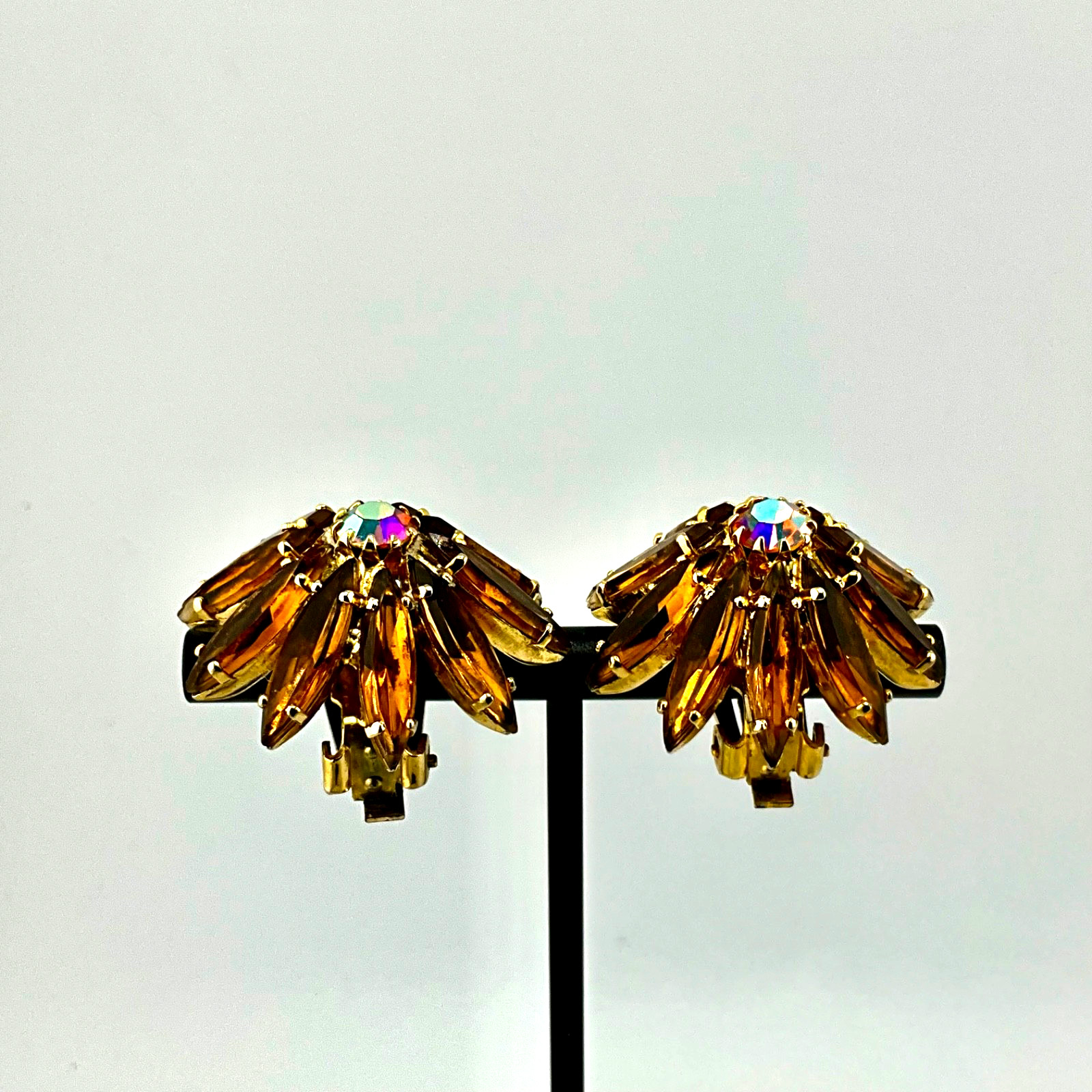 Vintage Mid Century Juliana Clip-On Earrings Navette Domed Amber AB Crystal