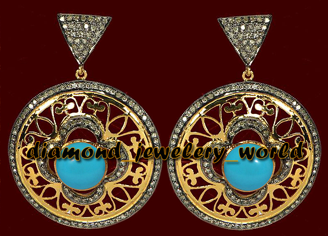 Vintage 2.42ct Rose Cut Diamond Turquoise Studded Silver Amazing Earring Jewelry