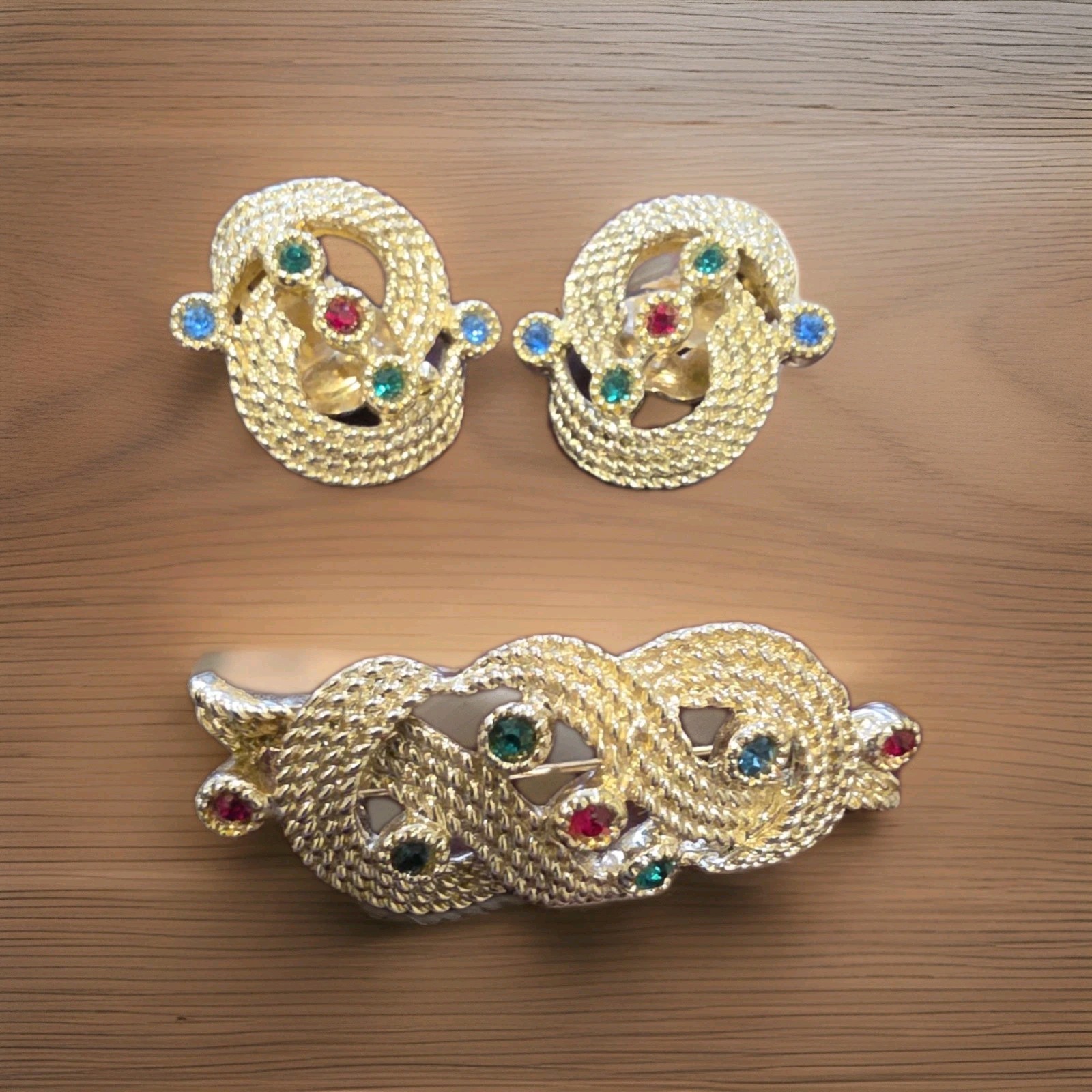 Vintage Gold Tone Snake Brooch & Clip Earrings Set Rhinestone Serpent Knot