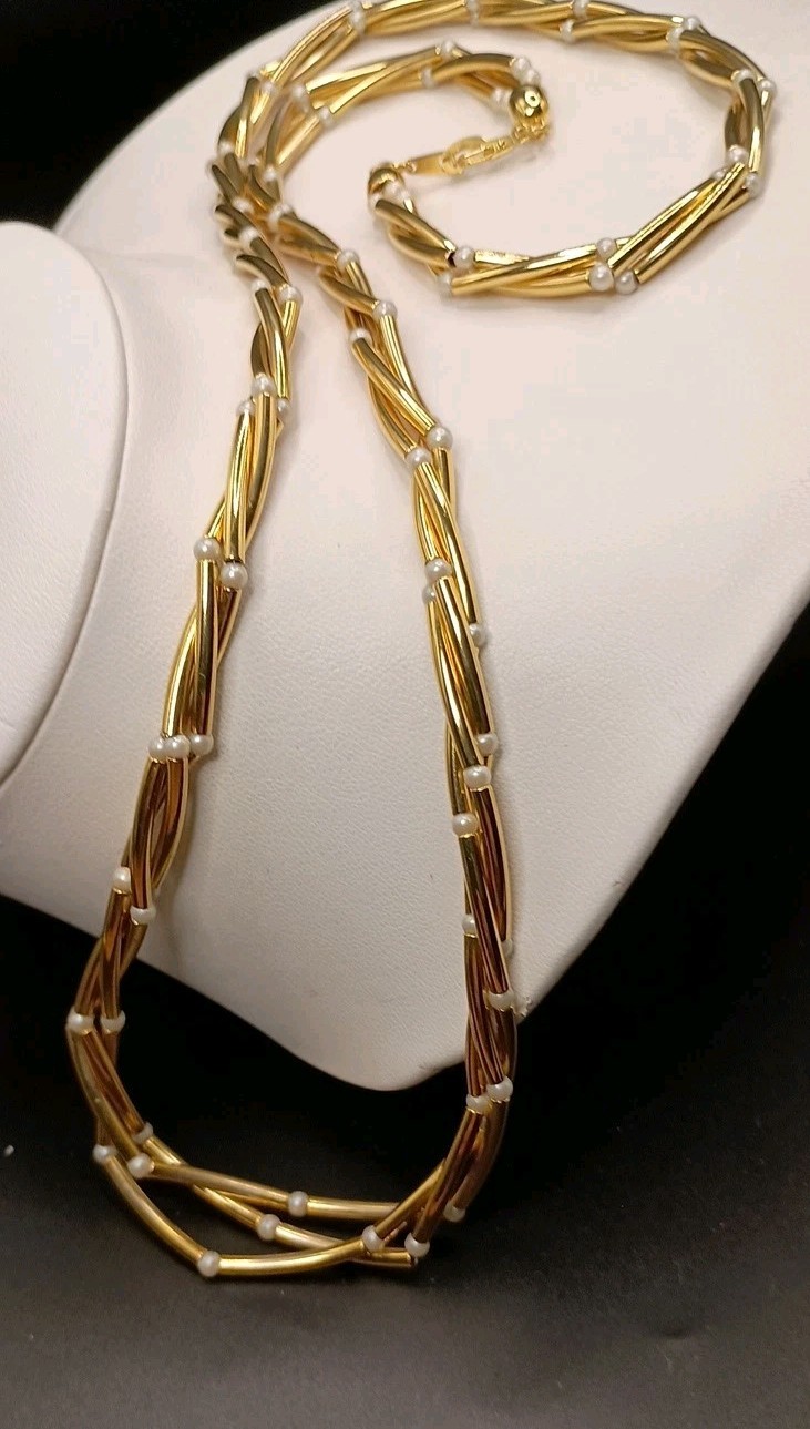 Vintage Gold Tone Bar Link Necklace Multi Strand Twist Seed Pearl 29″