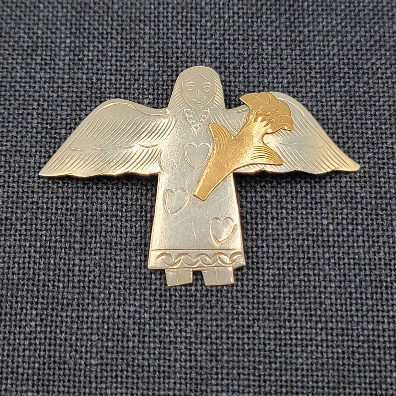 Vintage Angel Brooch Brass Mexico Silver 1.75″ Christmas
